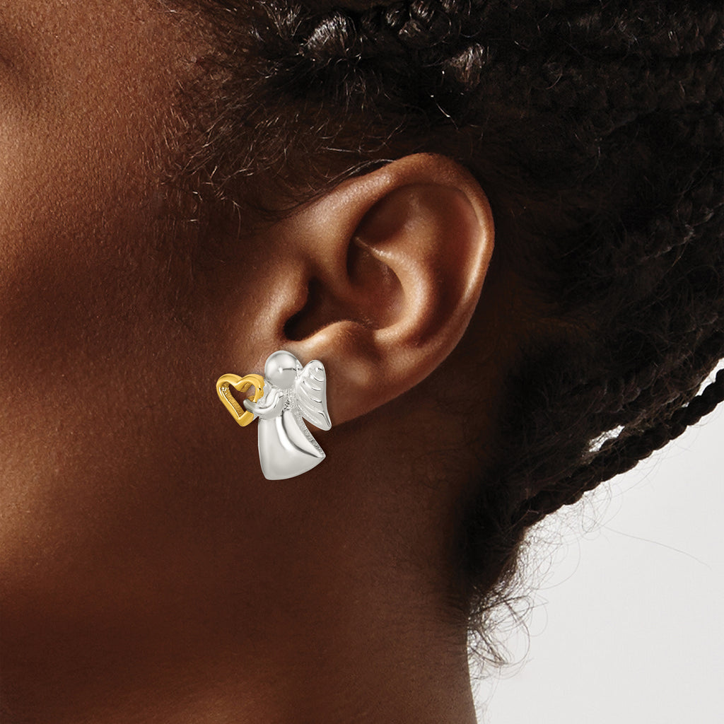 Sterling Silver Angel Gold Tone Heart Polished Post Earrings