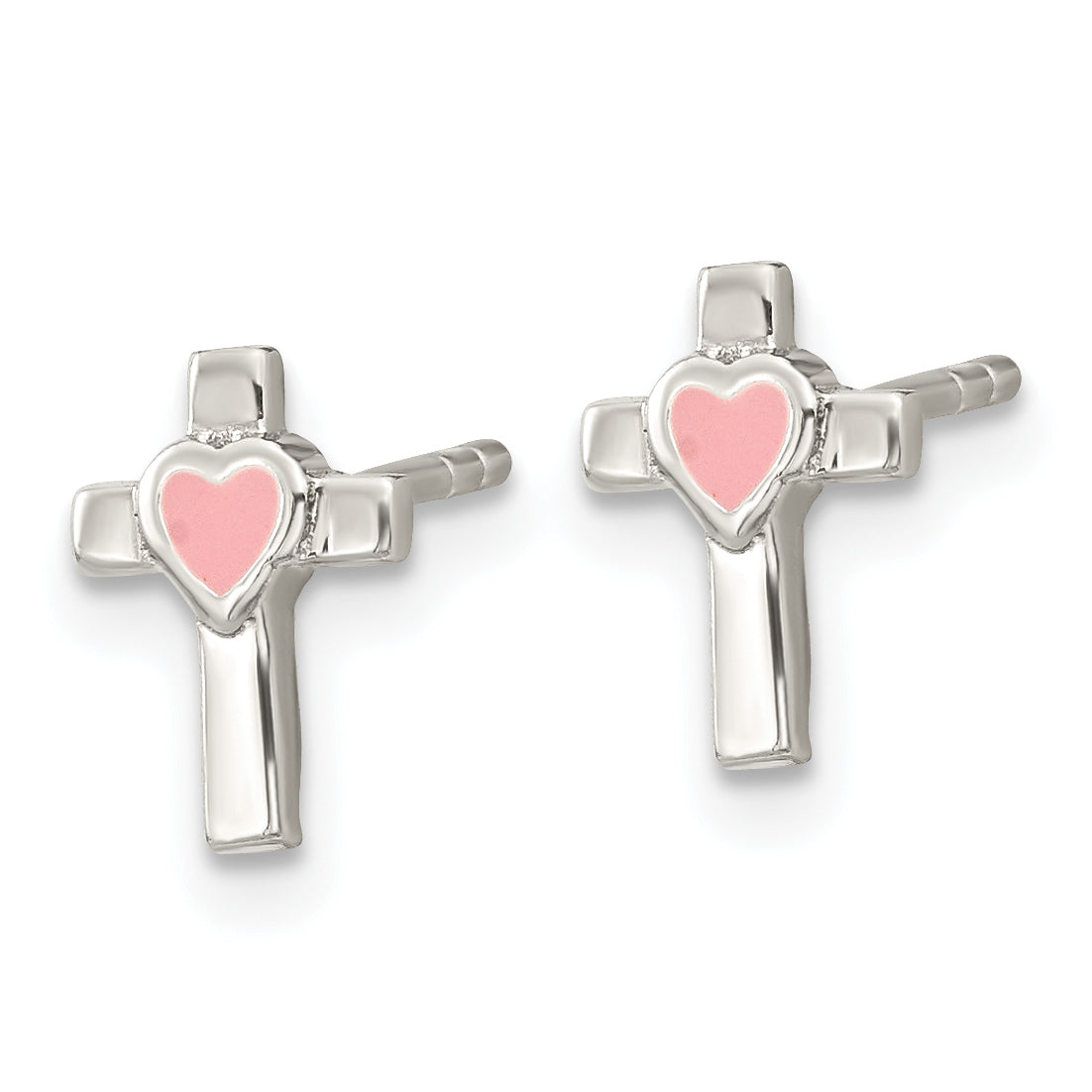 Sterling Silver Rhodium-plated Cross Pink Enamel Heart Post Earrings Secondary image