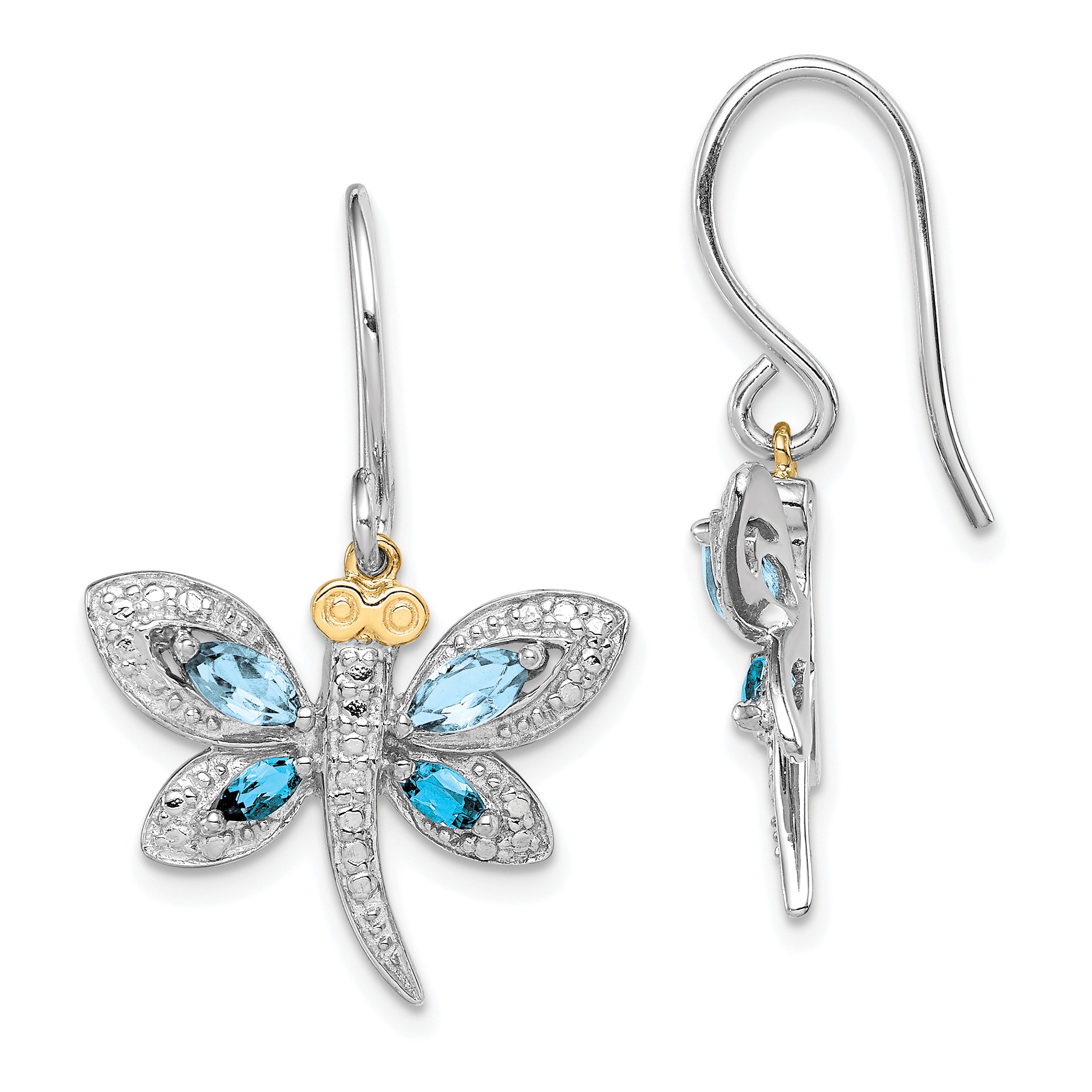 Brilliant Gemstones Sterling Silver with 14K Accent Rhodium-plated Light Blue Topaz and London Blue Topaz and Diamond Dragonfly Shepherd Hook Dangle Earrings Main image