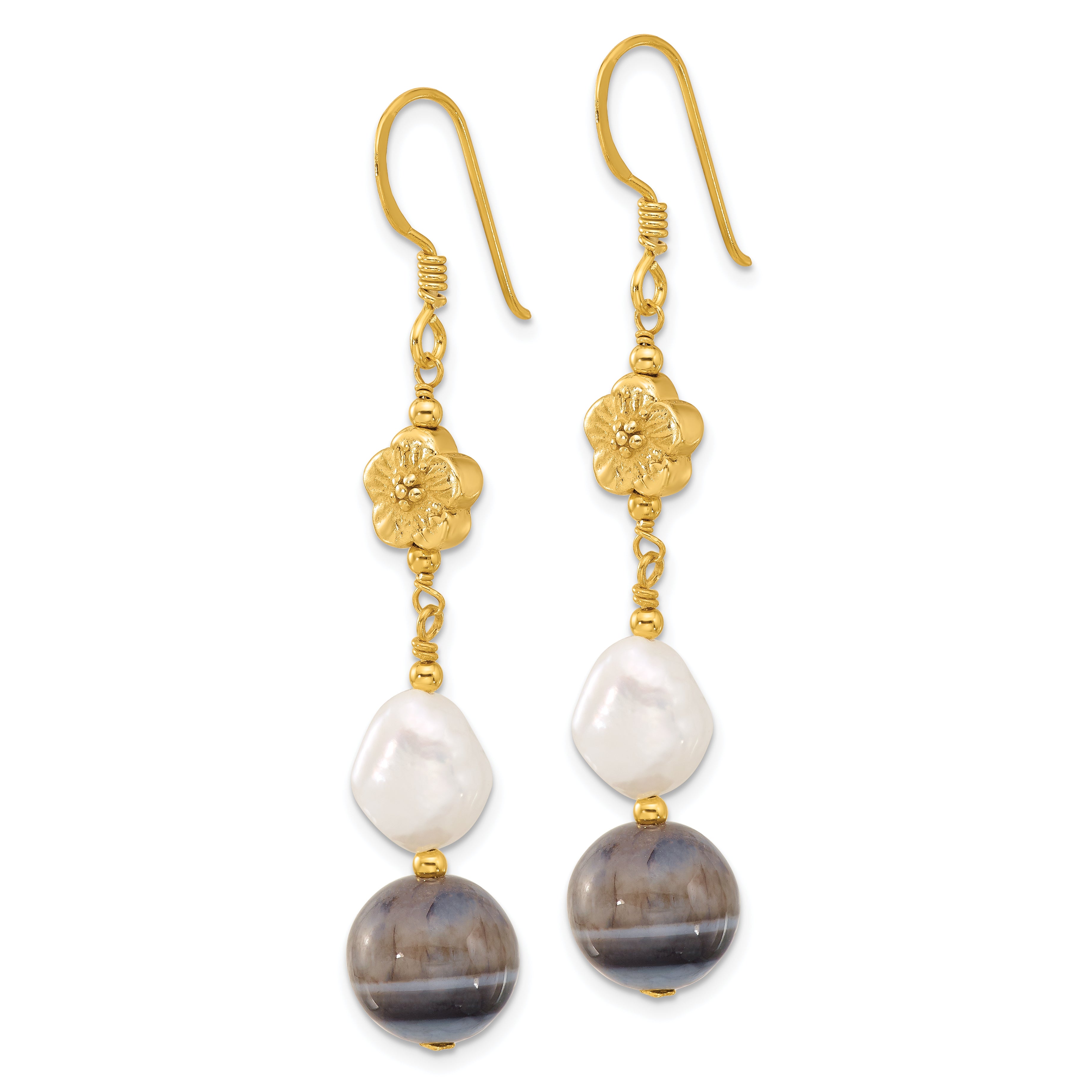 Sterling Silver Gold-plated FWC Pearl and Sardonyx Flower Earrings Secondary image
