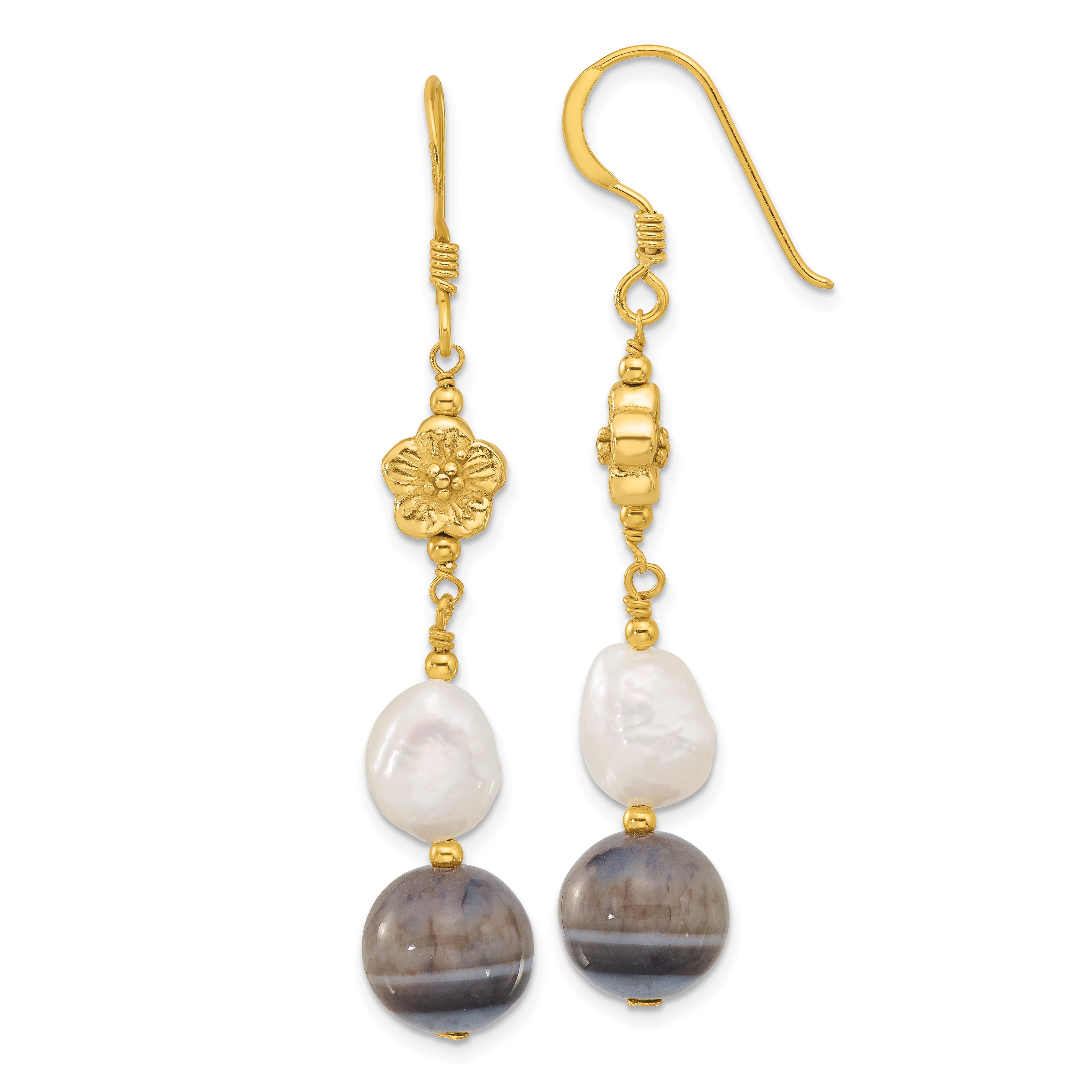 Sterling Silver Gold-plated FWC Pearl and Sardonyx Flower Earrings Main image