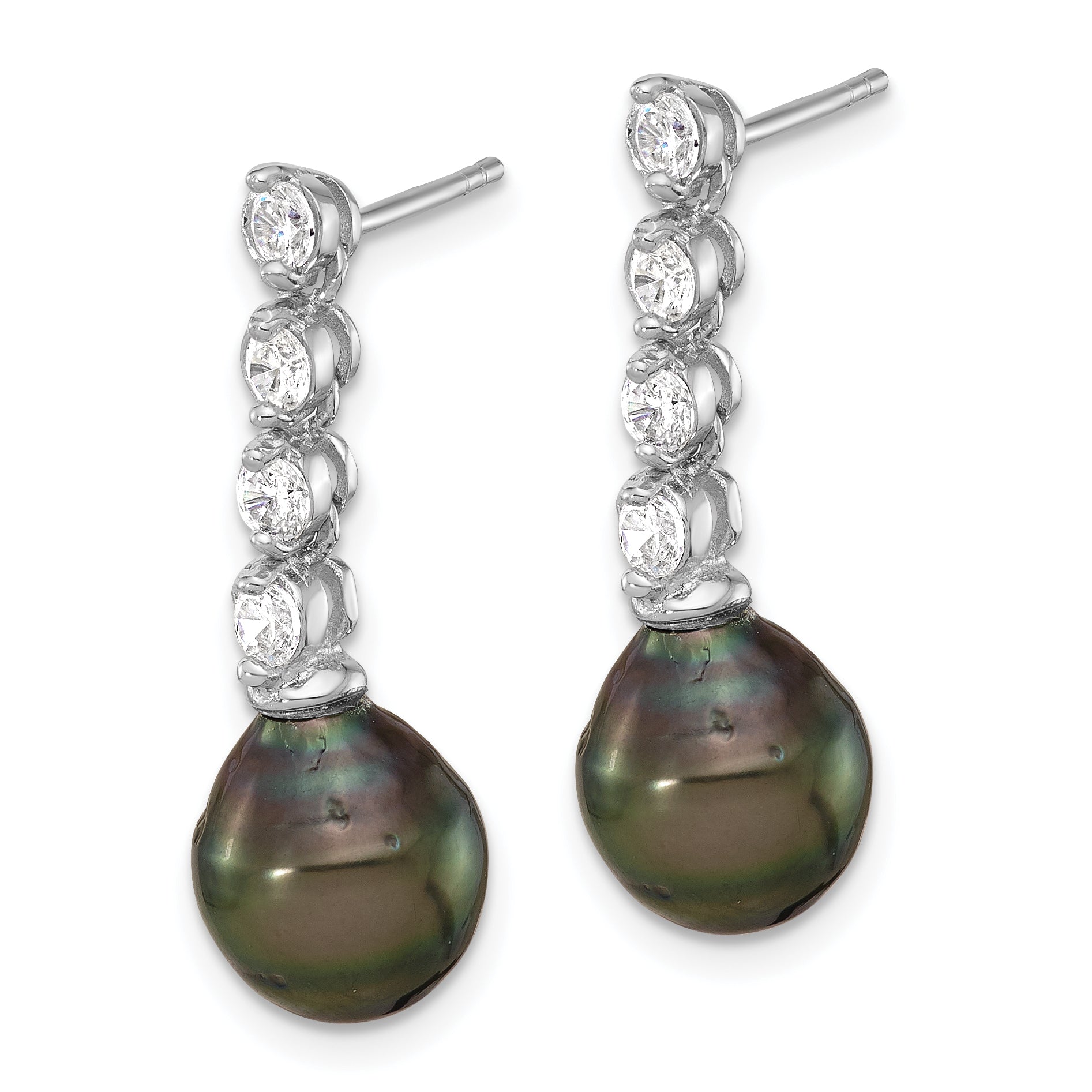 Sterling Silver Rhodium-plated 9-10mm Black Teardrop Tahitian Saltwater Cultured Pearl and CZ Post Dangle Earrings Secondary image