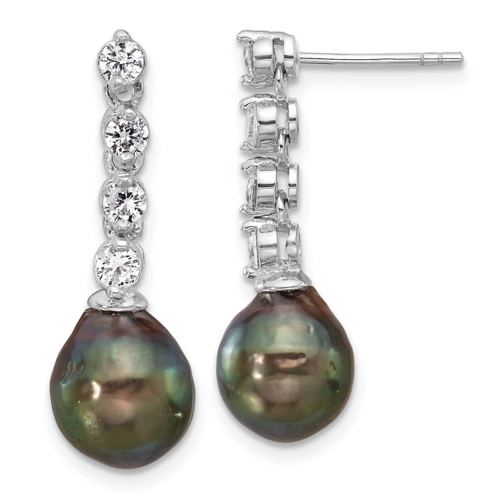Sterling Silver Rhodium-plated 9-10mm Black Teardrop Tahitian Saltwater Cultured Pearl and CZ Post Dangle Earrings Main image