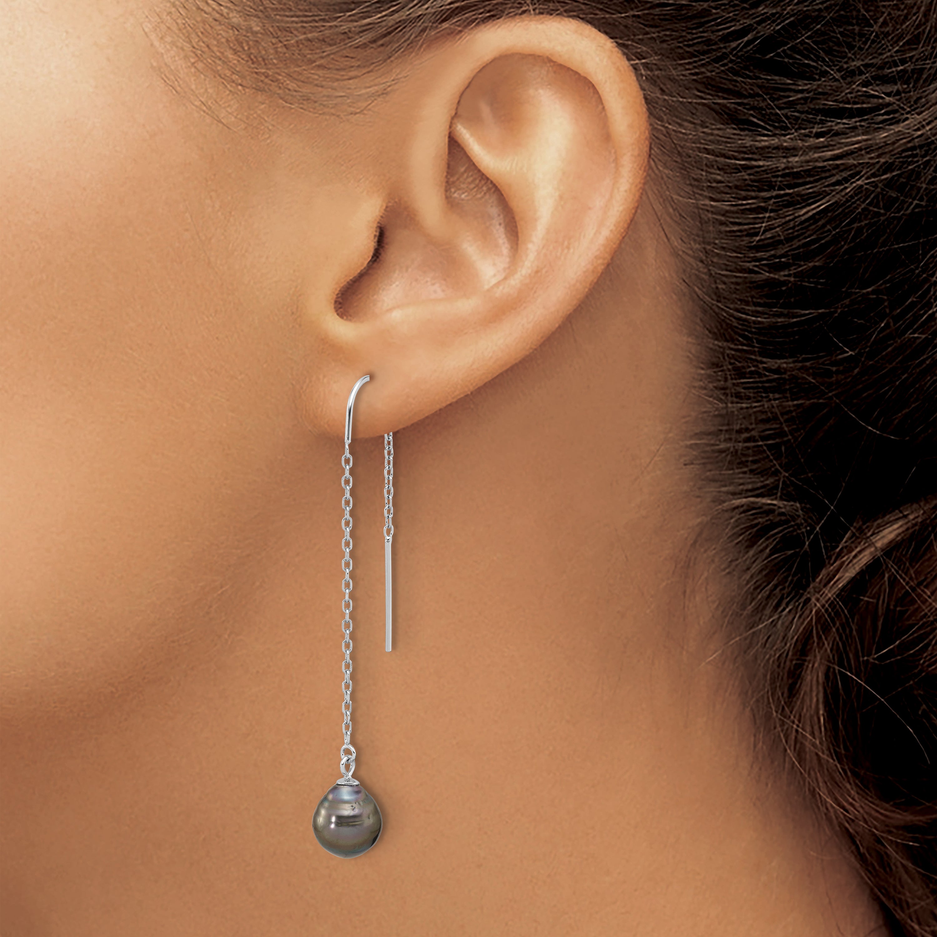 Sterling Silver Rhodium-plated 9-10mm Black Teardrop Tahitian Saltwater Cultured Pearl Threader Earrings