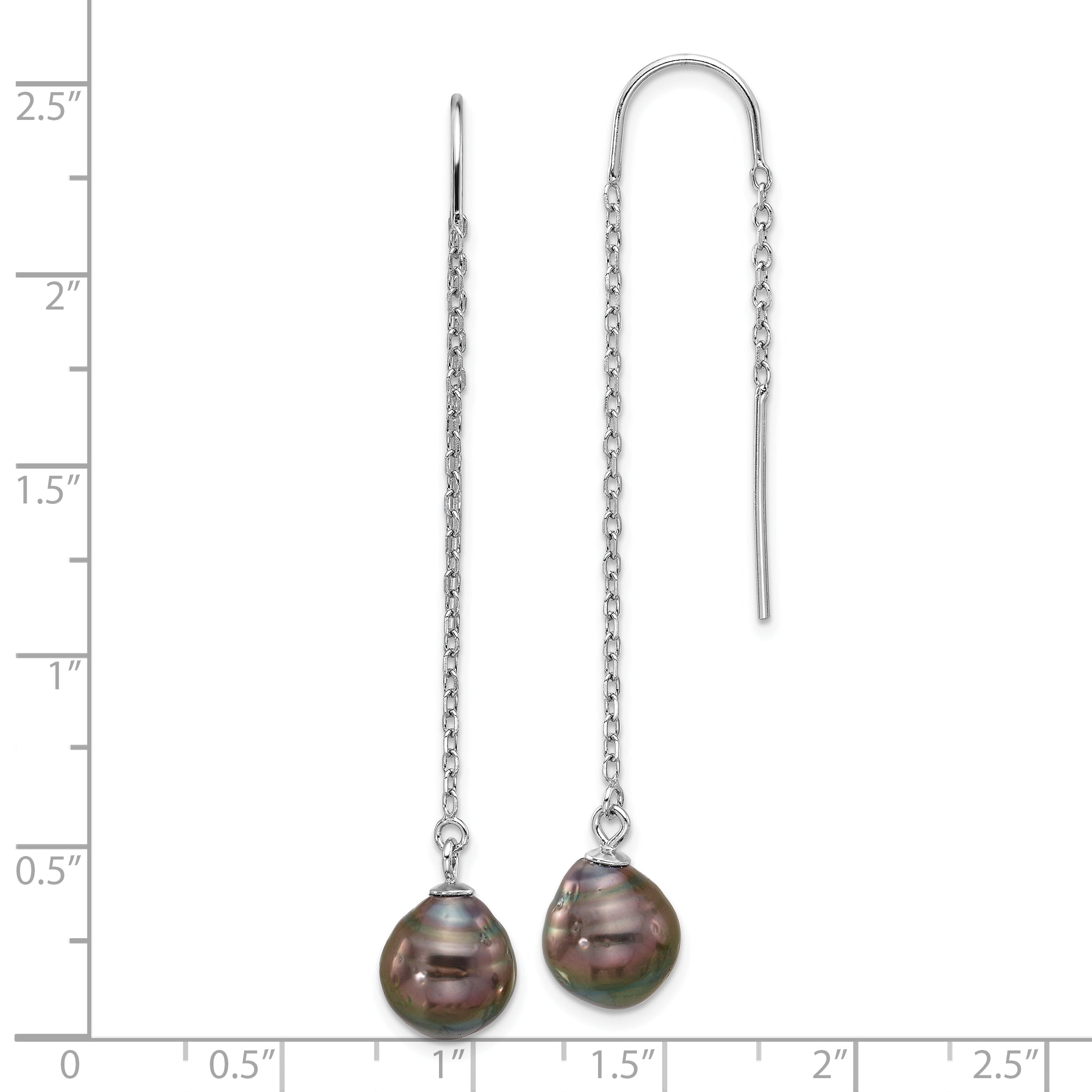 Sterling Silver Rhodium-plated 9-10mm Black Teardrop Tahitian Saltwater Cultured Pearl Threader Earrings