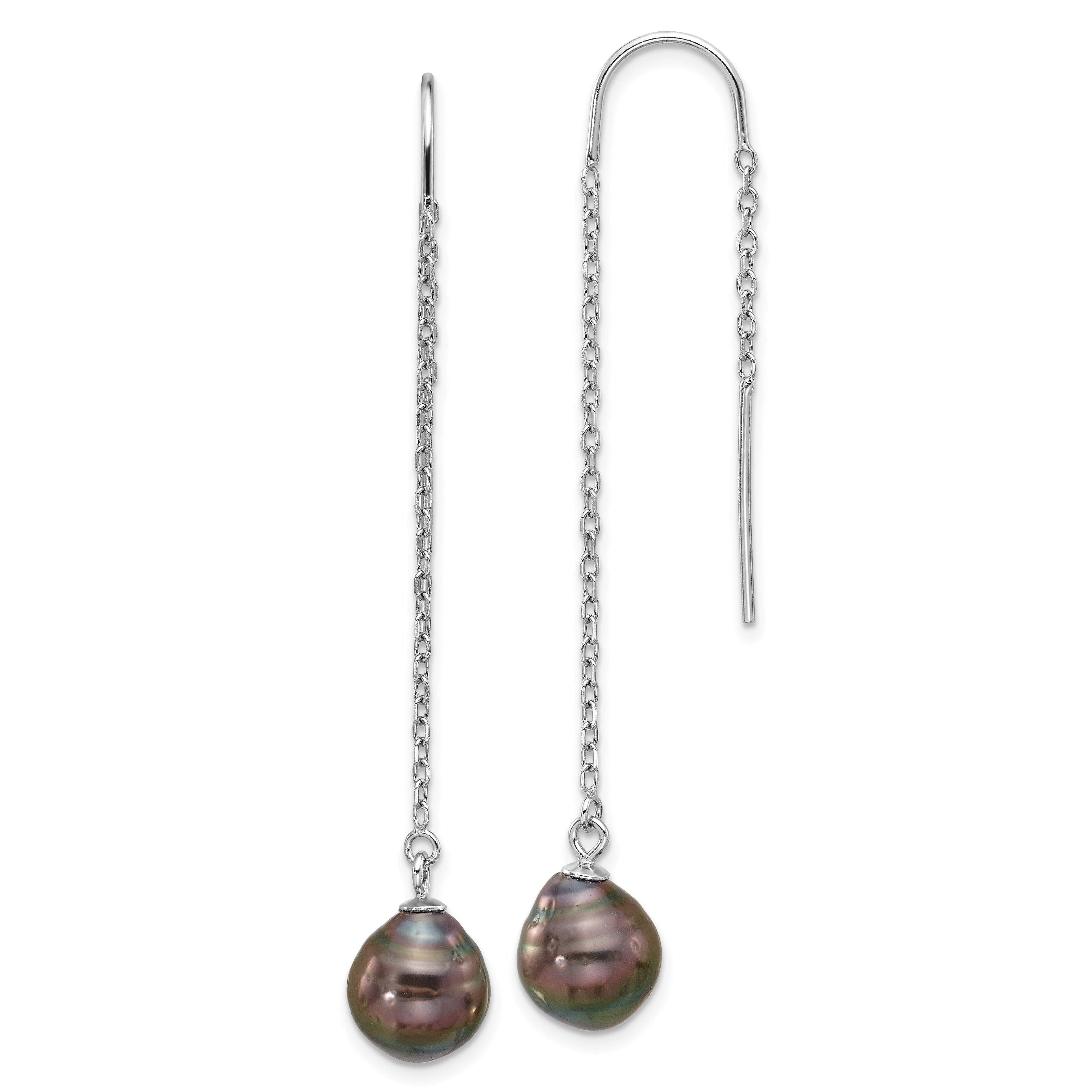 Sterling Silver Rhodium-plated 9-10mm Black Teardrop Tahitian Saltwater Cultured Pearl Threader Earrings