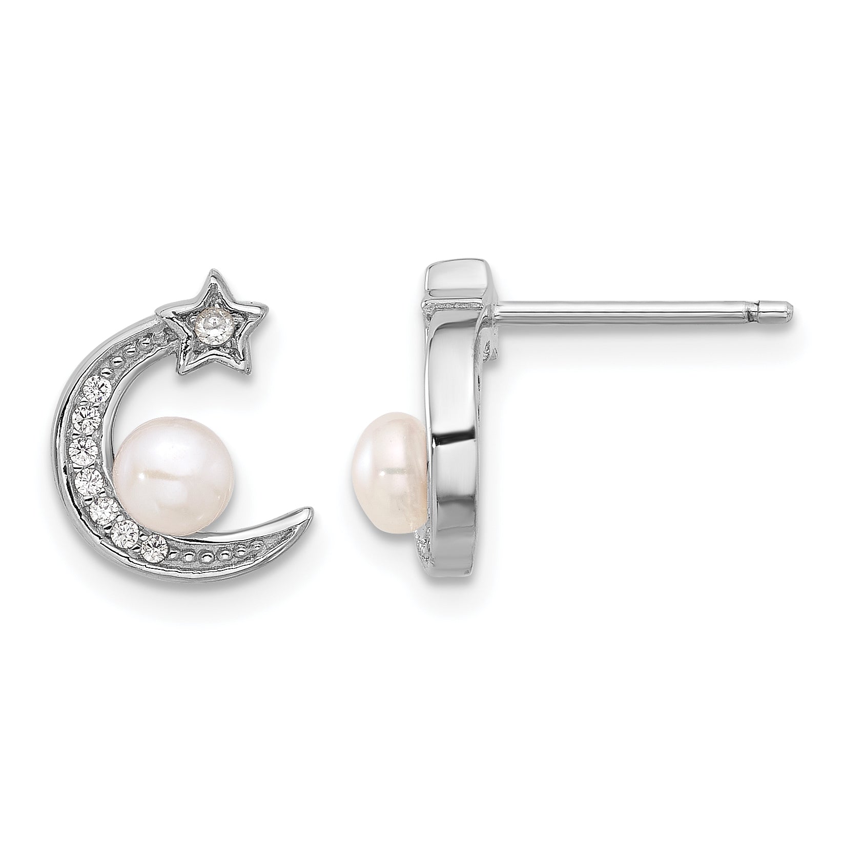 Sterling Silver Rhod-plated CZ and FWC Pearl Moon and Star Post Earrings Main image