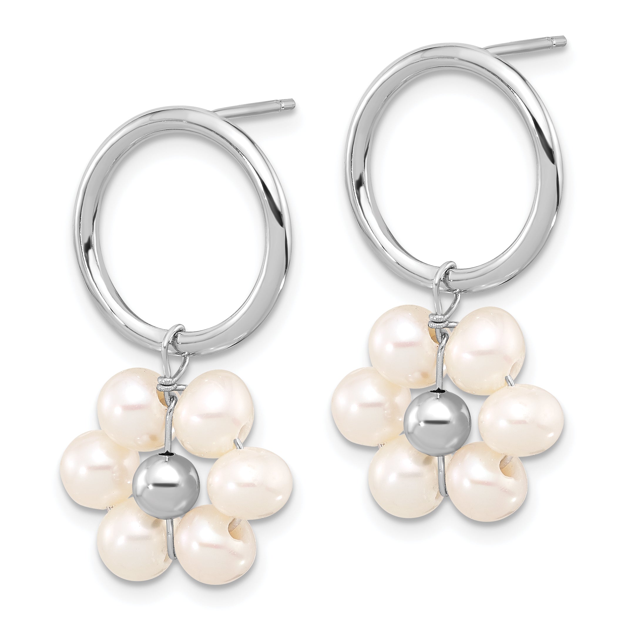 Sterling Silver Rhodium-plated 4-5mm White Semi-Round Freshwater Cultured Pearl Flower Post Dangle Earrings Secondary image