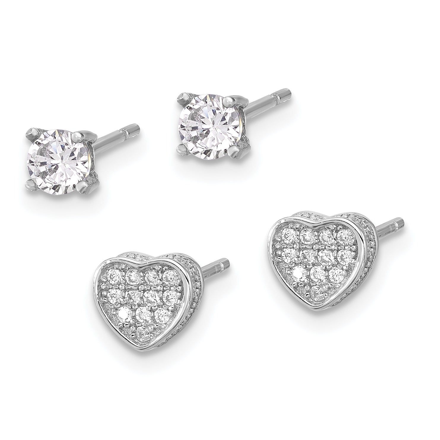 Sterling Silver RH-plated Pav‚ CZ Heart/4mm CZ Stud Post Earrings Set