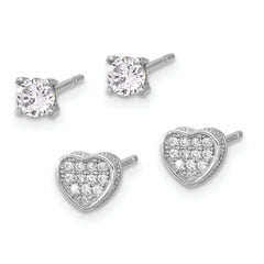 Sterling Silver RH-plated Pav‚ CZ Heart/4mm CZ Stud Post Earrings Set