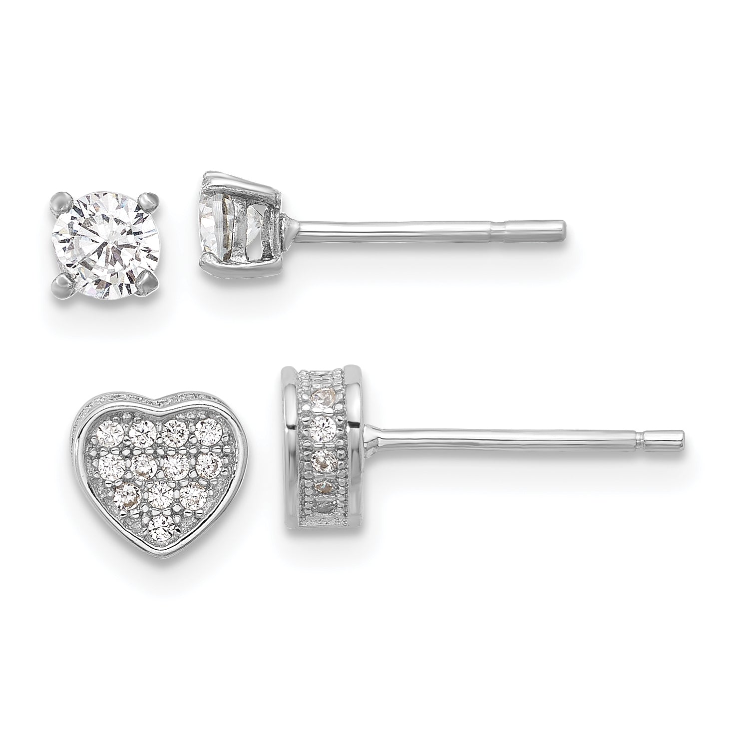 Sterling Silver RH-plated Pav‚ CZ Heart/4mm CZ Stud Post Earrings Set Main image