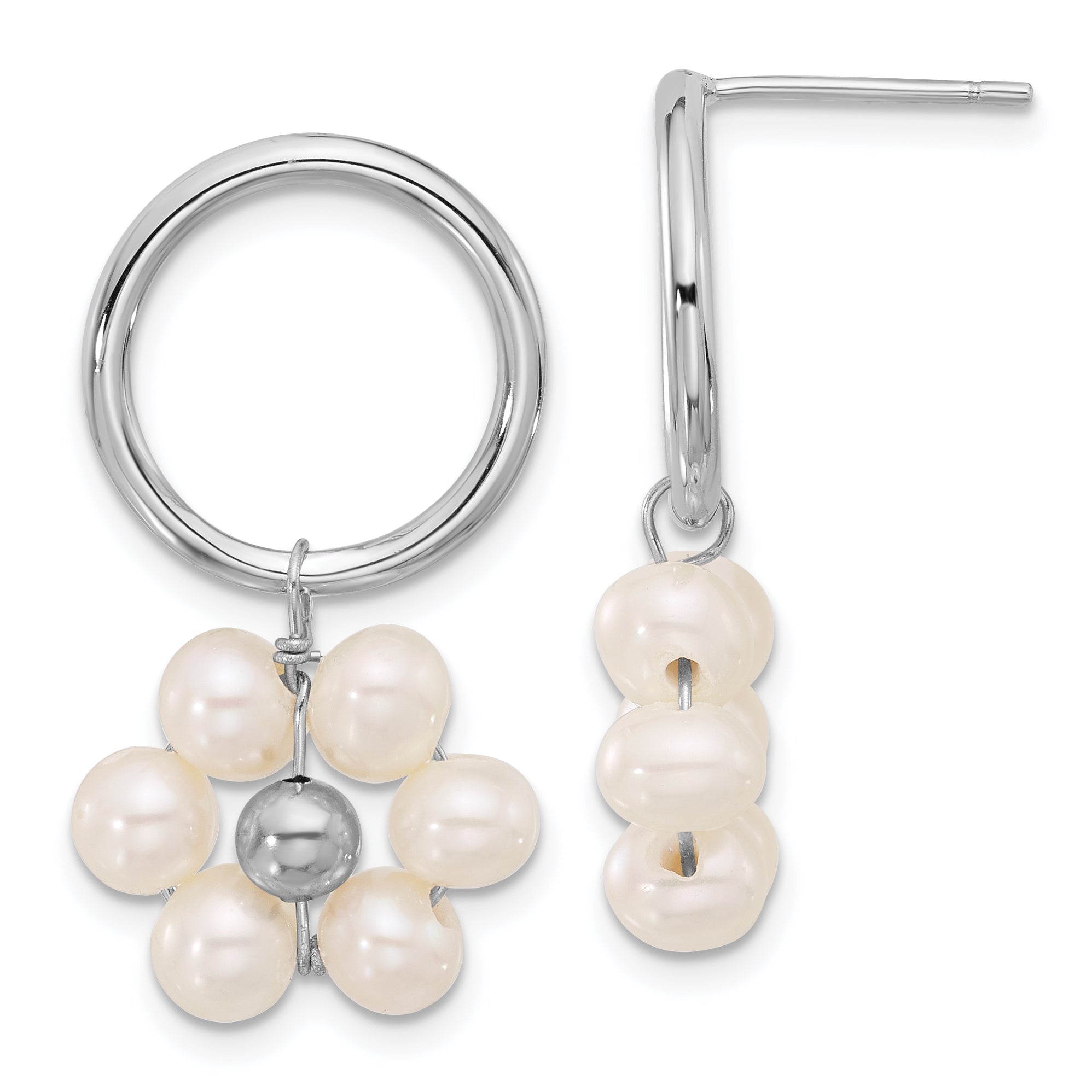Sterling Silver Rhodium-plated 4-5mm White Semi-Round Freshwater Cultured Pearl Flower Post Dangle Earrings Main image