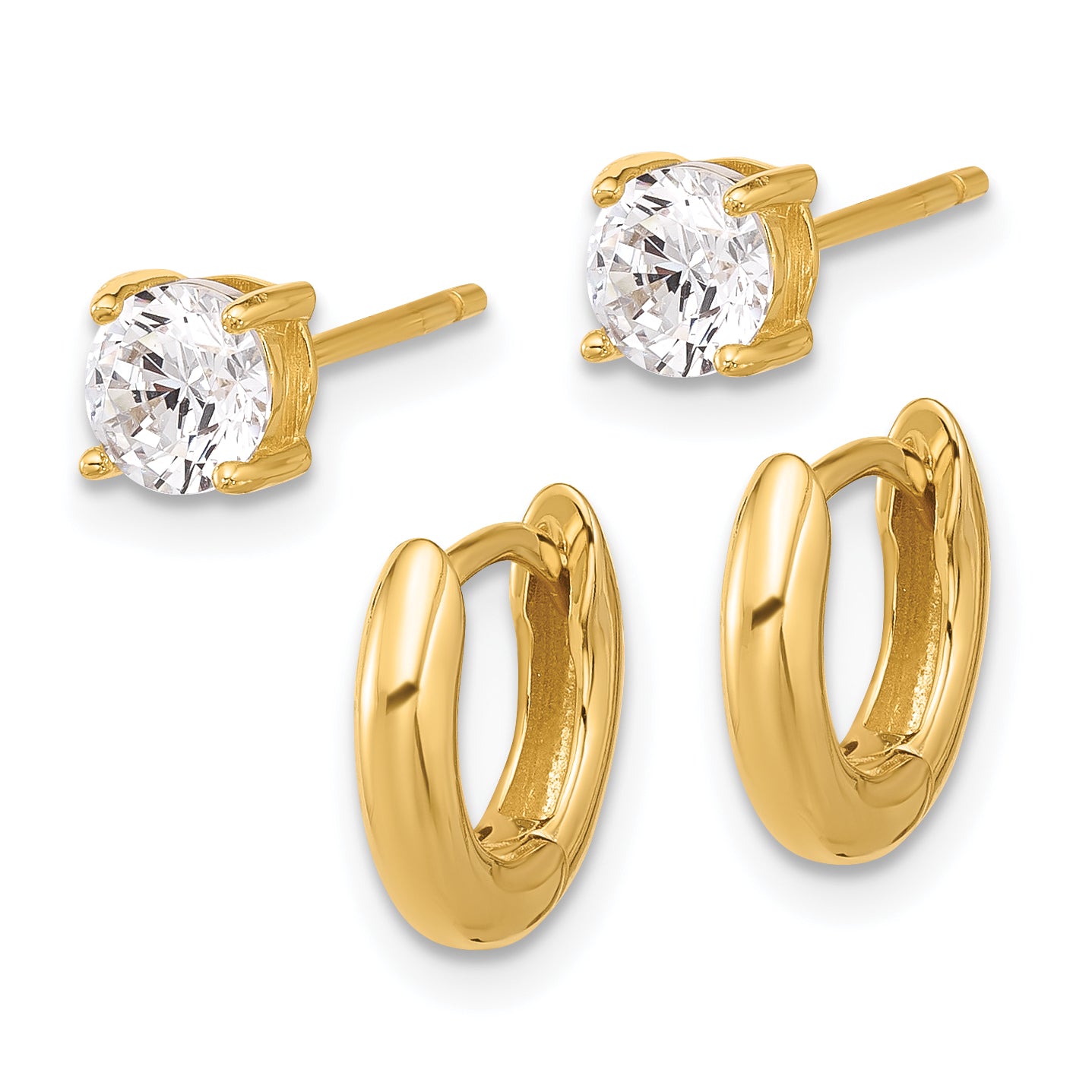 Sterling Silver Gold-tone 2.5mm Huggie Hoops/5mm CZ Stud Earrings Set Secondary image