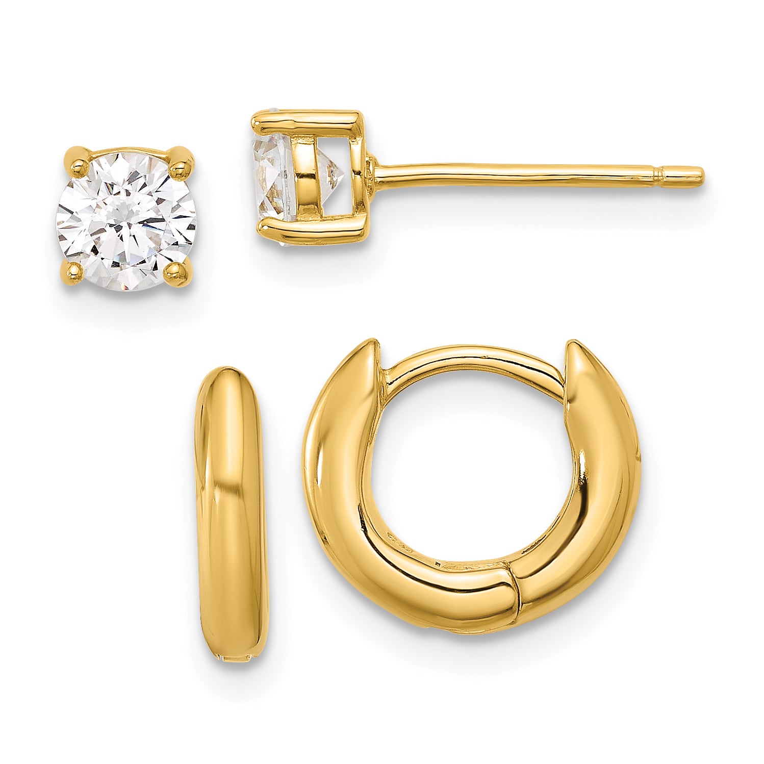Sterling Silver Gold-tone 2.5mm Huggie Hoops/5mm CZ Stud Earrings Set Main image