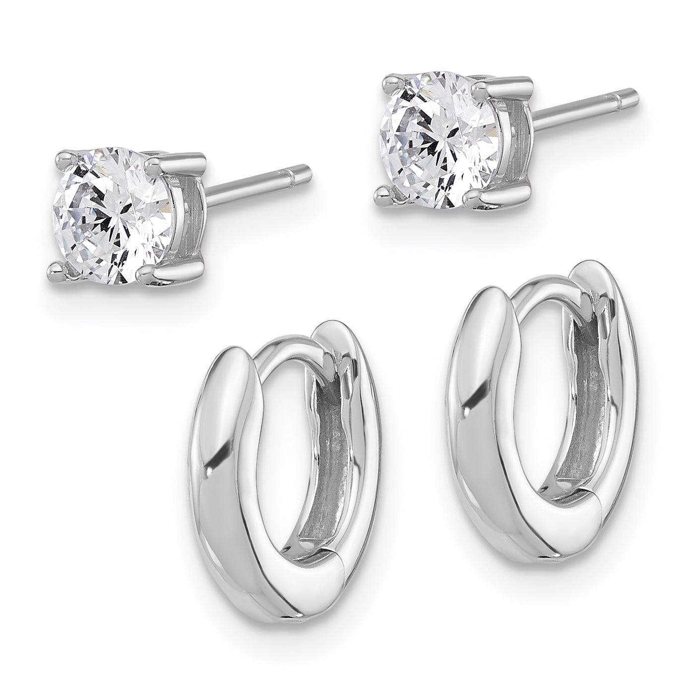 Sterling Silver RH-plated 2.5mm Huggie Hoops/5mm CZ Stud Earrings Set Secondary image