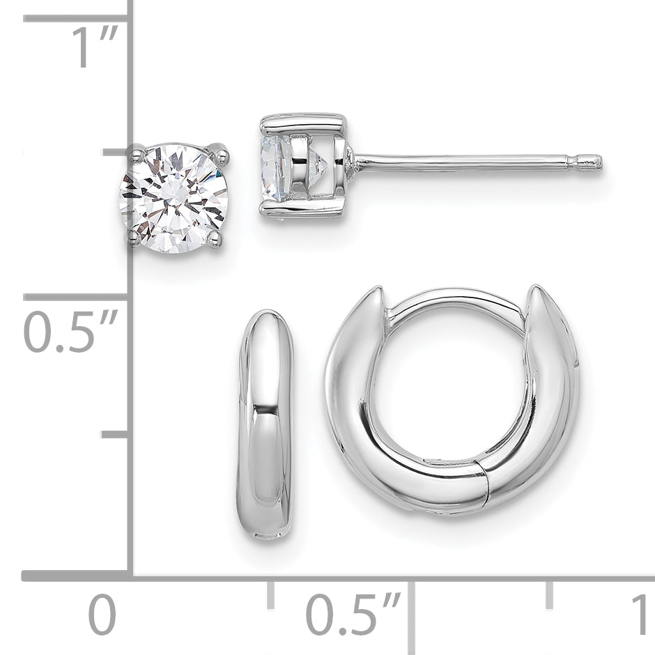 Sterling Silver RH-plated 2.5mm Huggie Hoops/5mm CZ Stud Earrings Set