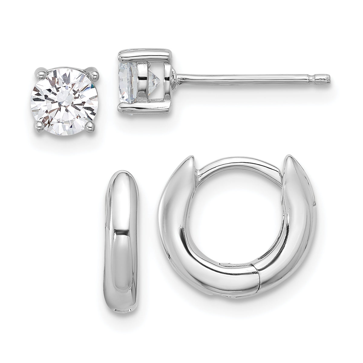 Sterling Silver RH-plated 2.5mm Huggie Hoops/5mm CZ Stud Earrings Set