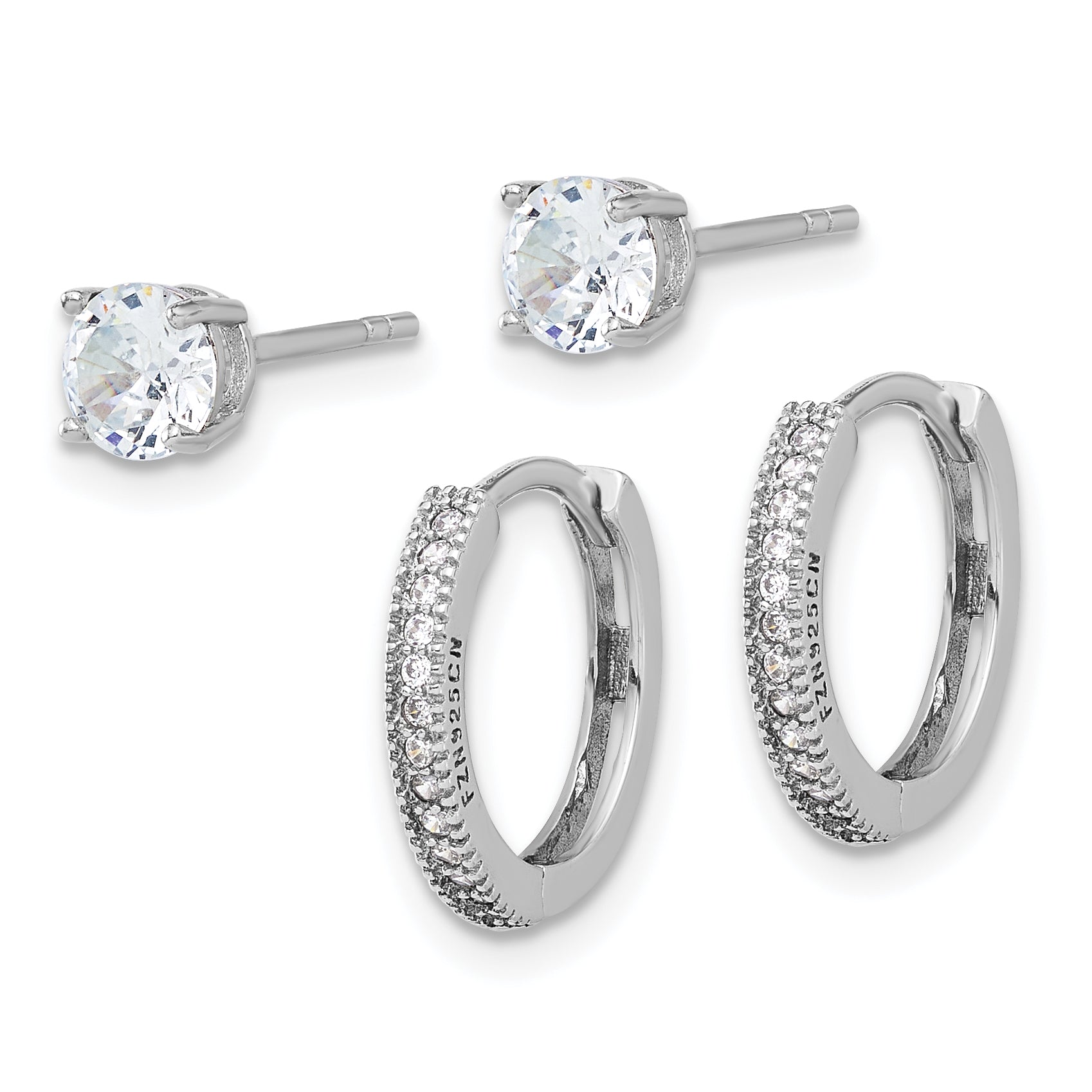 Sterling Silver Rh-plated CZ 2mm Hoop and 5mm Stud Post Earring Set Secondary image