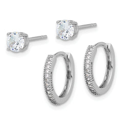 Sterling Silver Rh-plated CZ 2mm Hoop and 5mm Stud Post Earring Set