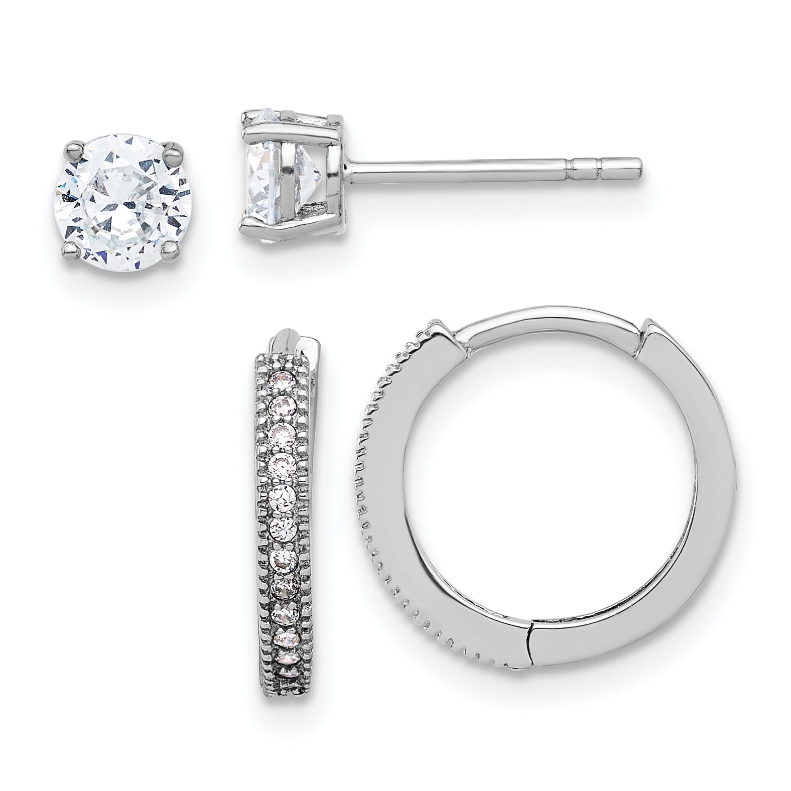 Sterling Silver Rh-plated CZ 2mm Hoop and 5mm Stud Post Earring Set Main image
