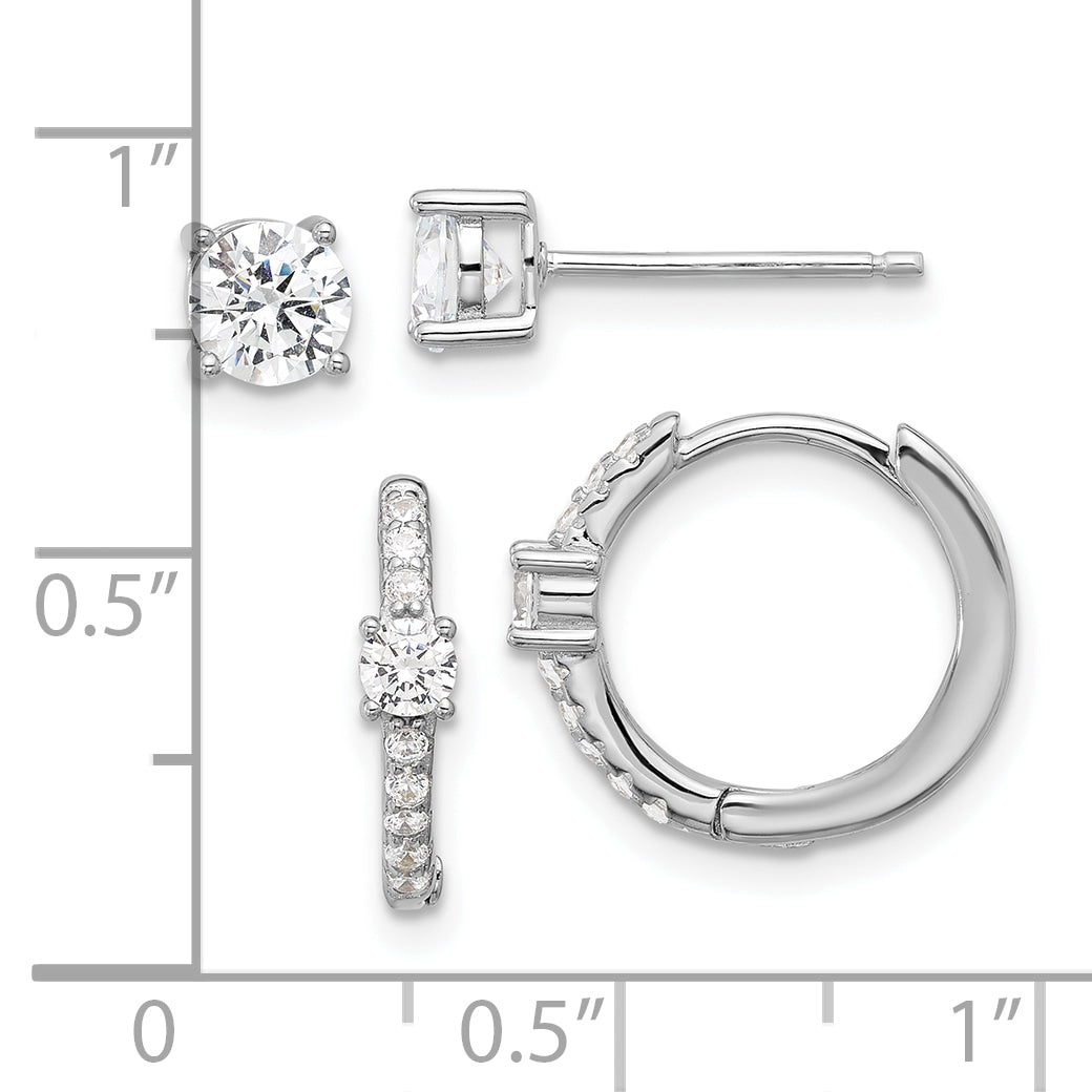 Sterling Silver RH-plated 5mm CZ Studs and Hinged Hoop Earring Set
