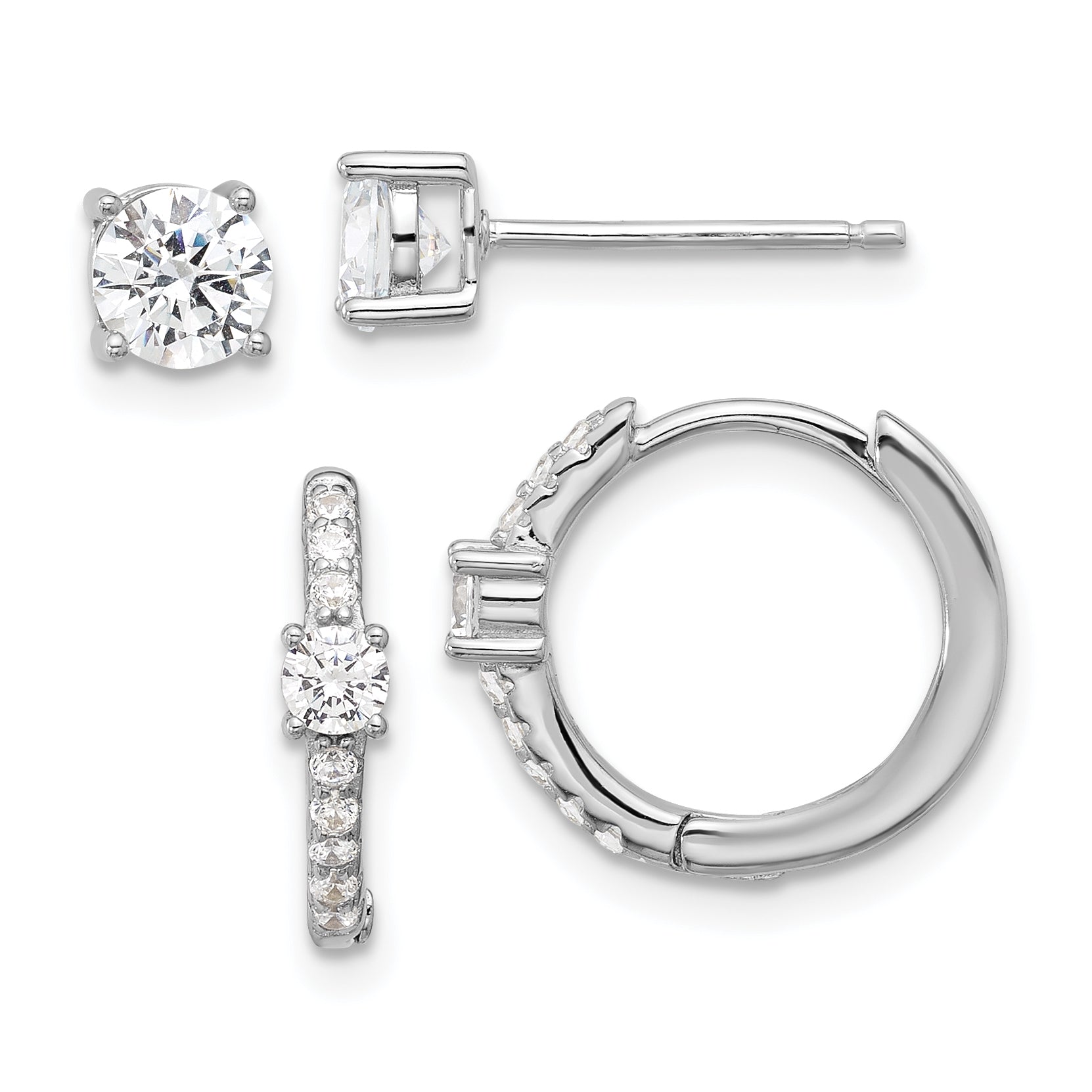 Sterling Silver RH-plated 5mm CZ Studs and Hinged Hoop Earring Set Main image