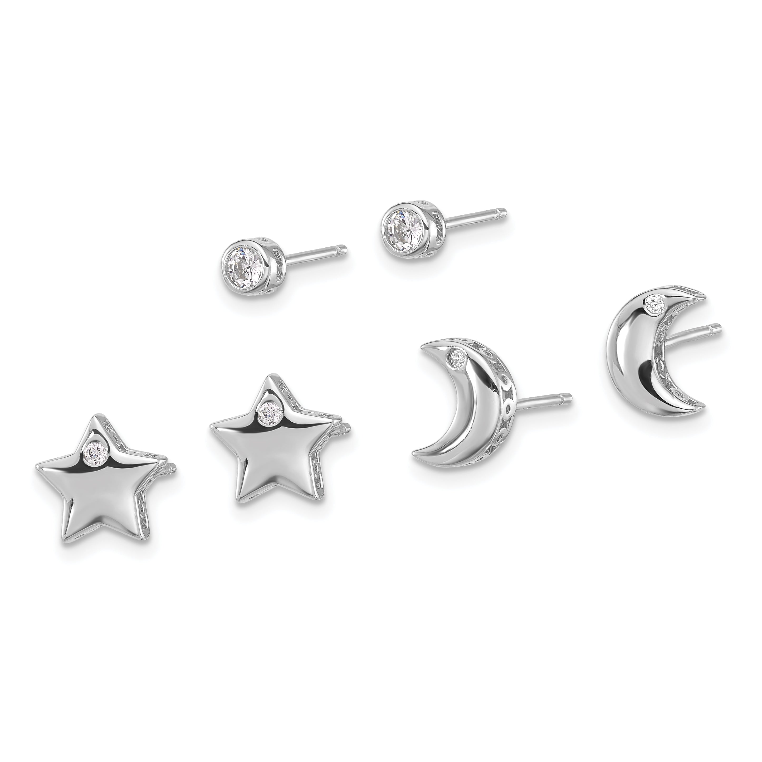 Sterling Silver RH-plated CZ Moon/Star and Round Set of 3 Post Earring Set Secondary image