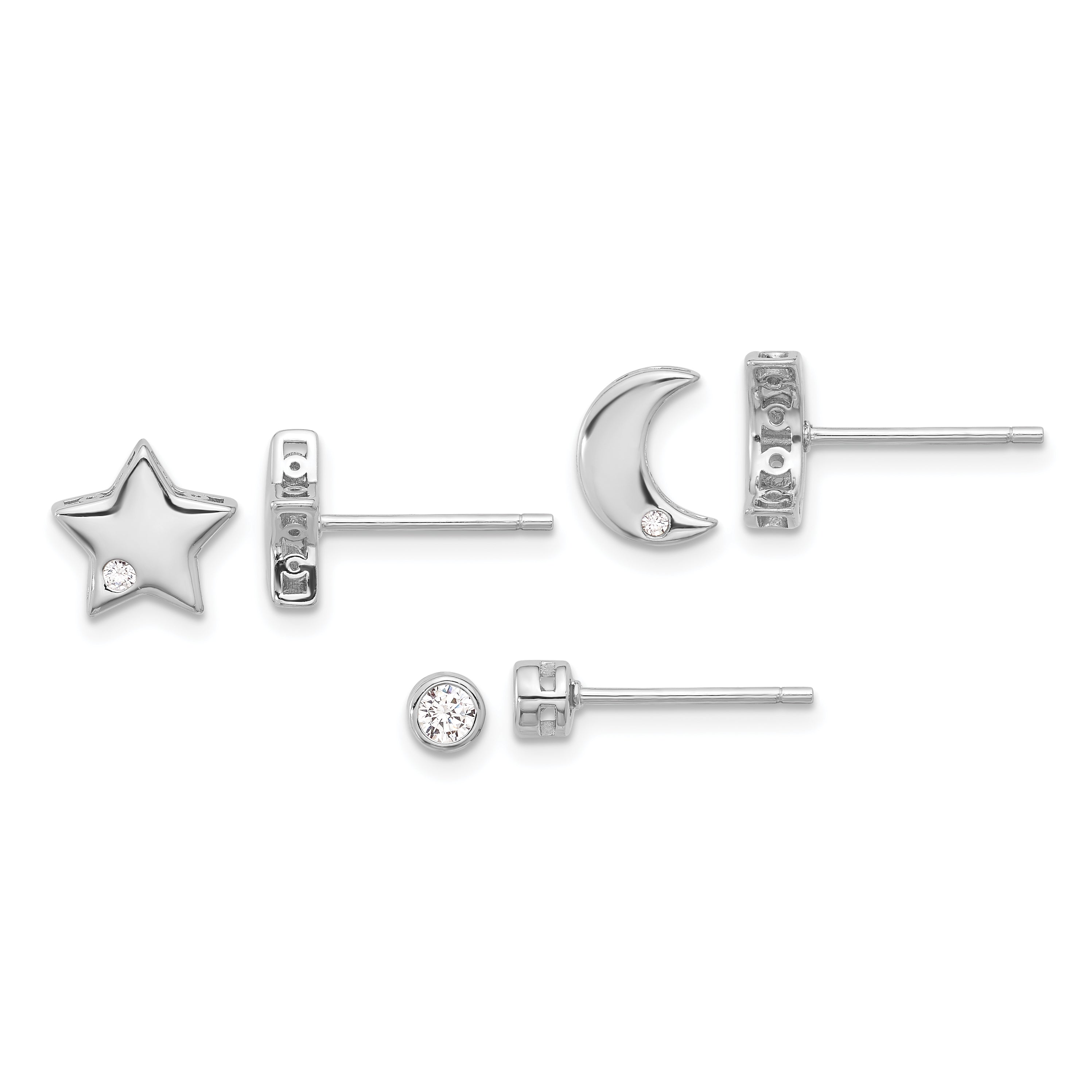 Sterling Silver RH-plated CZ Moon/Star and Round Set of 3 Post Earring Set Main image