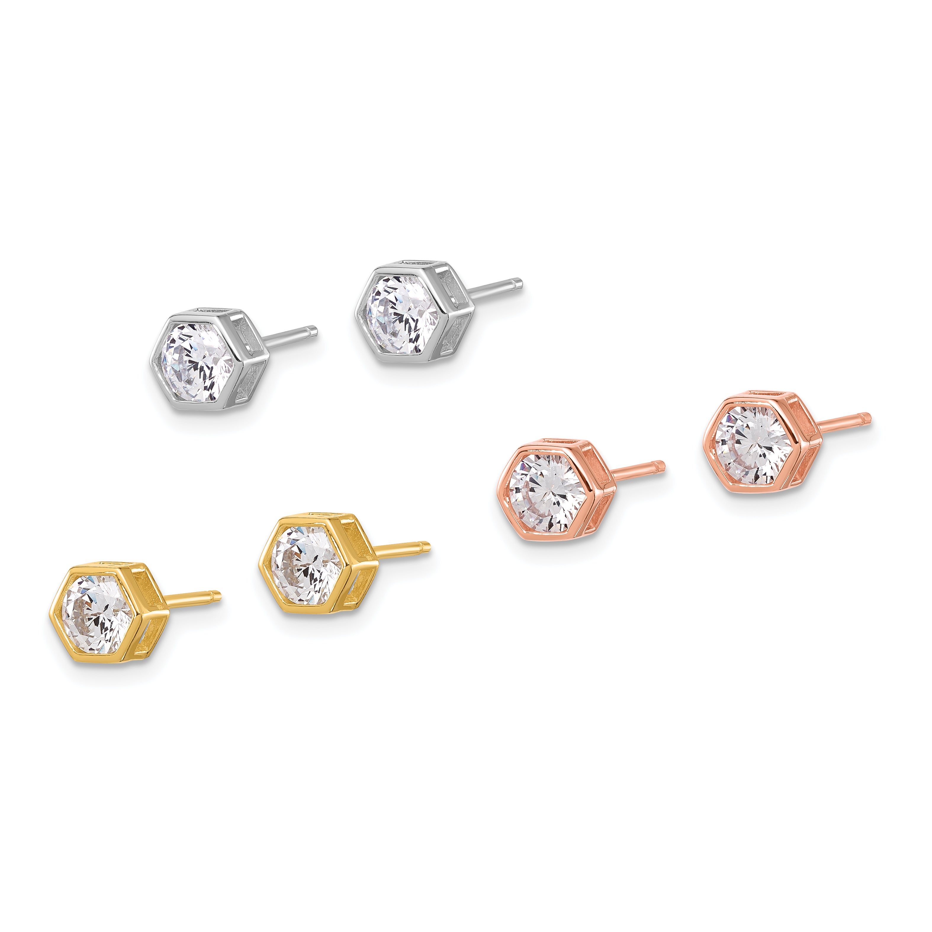Sterling Silver RH-plated Rose and Gold-tone CZ Set of 3 Post Earring Set Secondary image