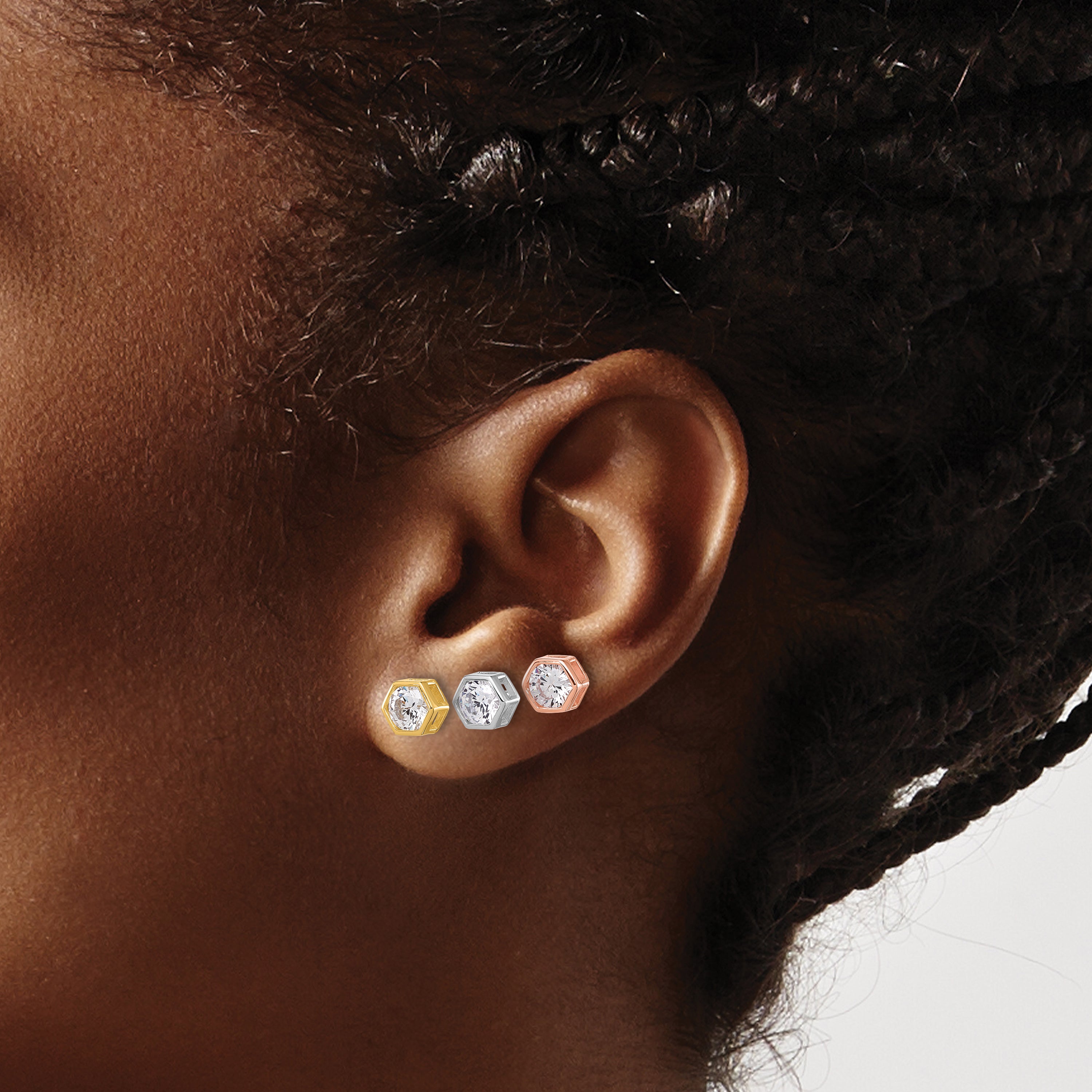 Sterling Silver RH-plated Rose and Gold-tone CZ Set of 3 Post Earring Set