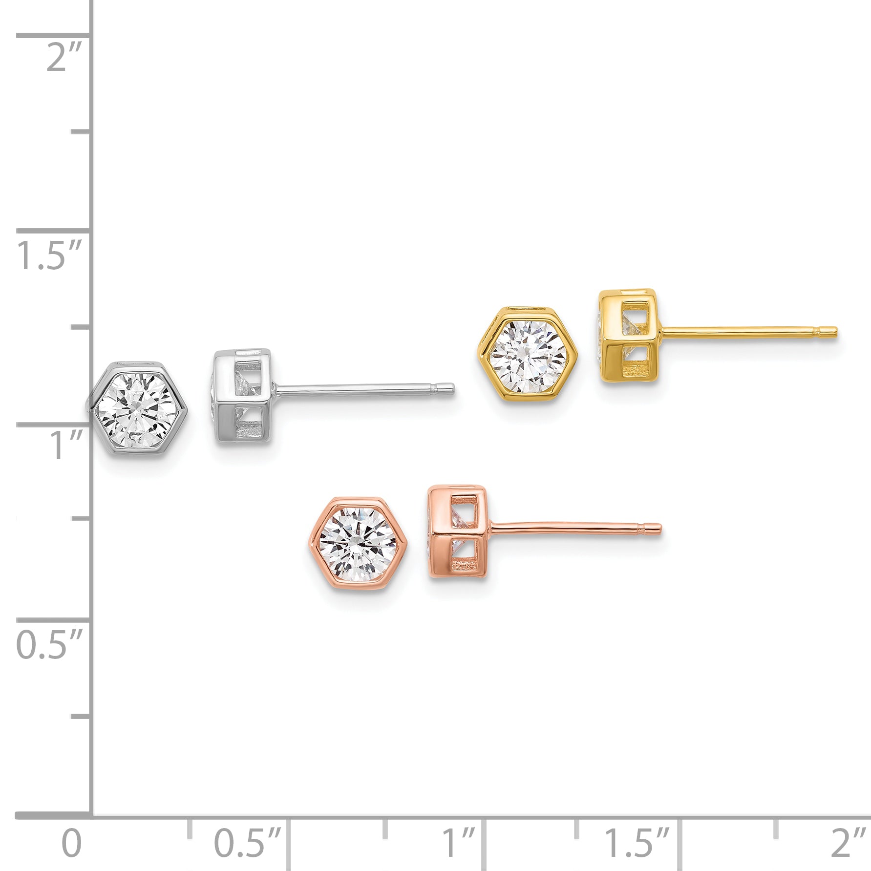 Sterling Silver RH-plated Rose and Gold-tone CZ Set of 3 Post Earring Set