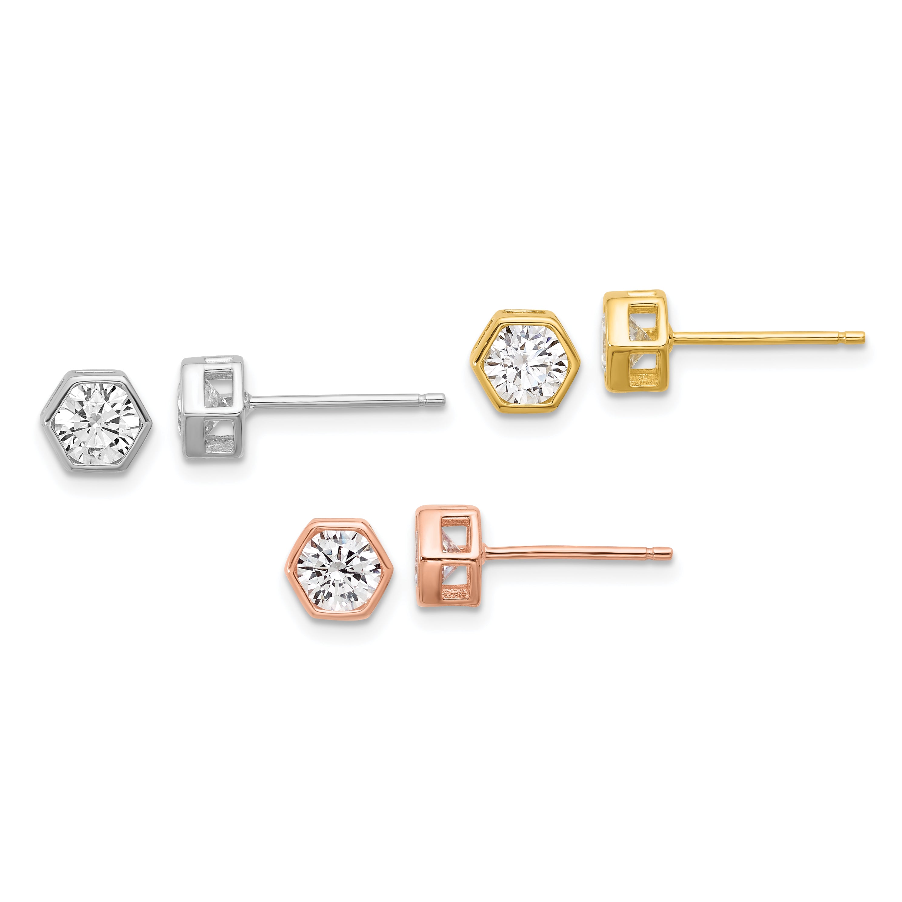 Sterling Silver RH-plated Rose and Gold-tone CZ Set of 3 Post Earring Set Main image
