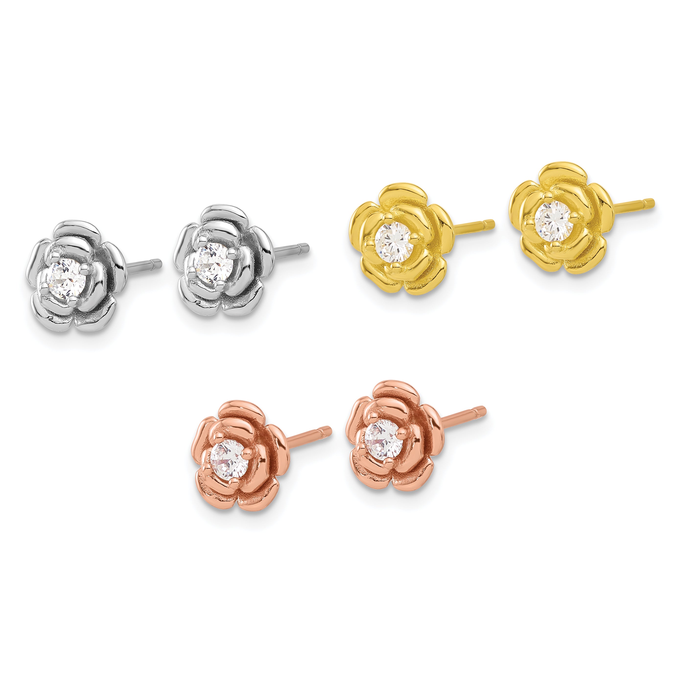 Sterling Silver Rhod-plt/Gold/Rose-tone CZ Rose 3 Pair Earrings Set Secondary image