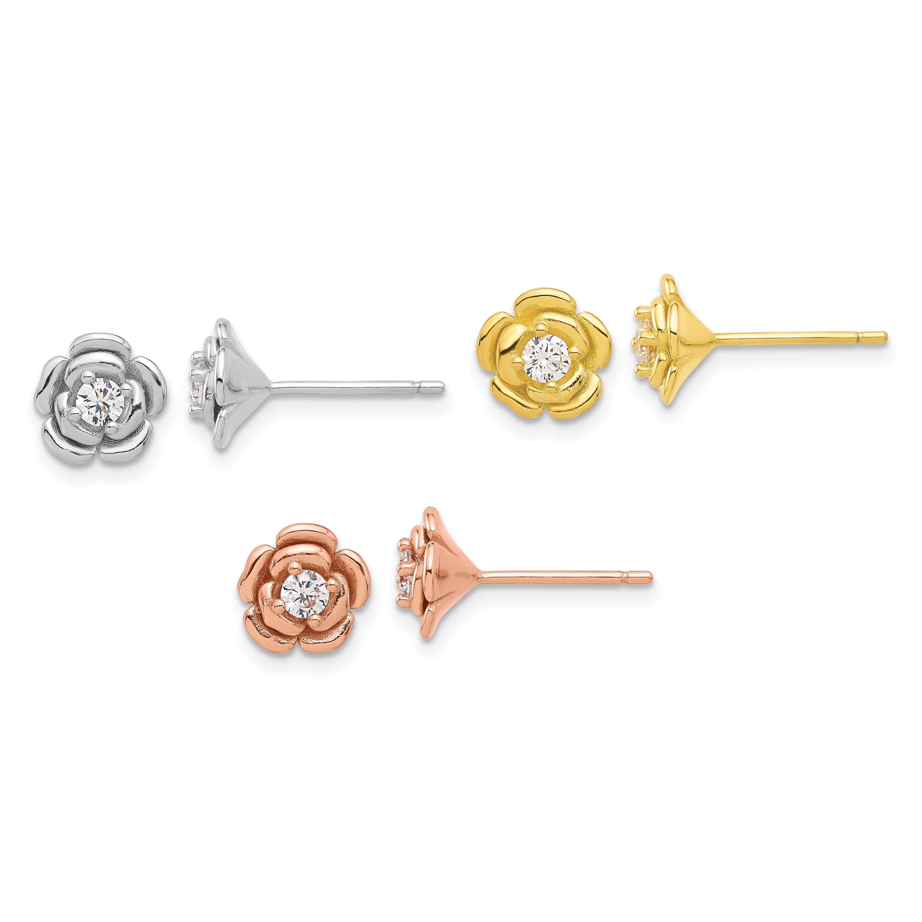 Sterling Silver Rhod-plt/Gold/Rose-tone CZ Rose 3 Pair Earrings Set Main image