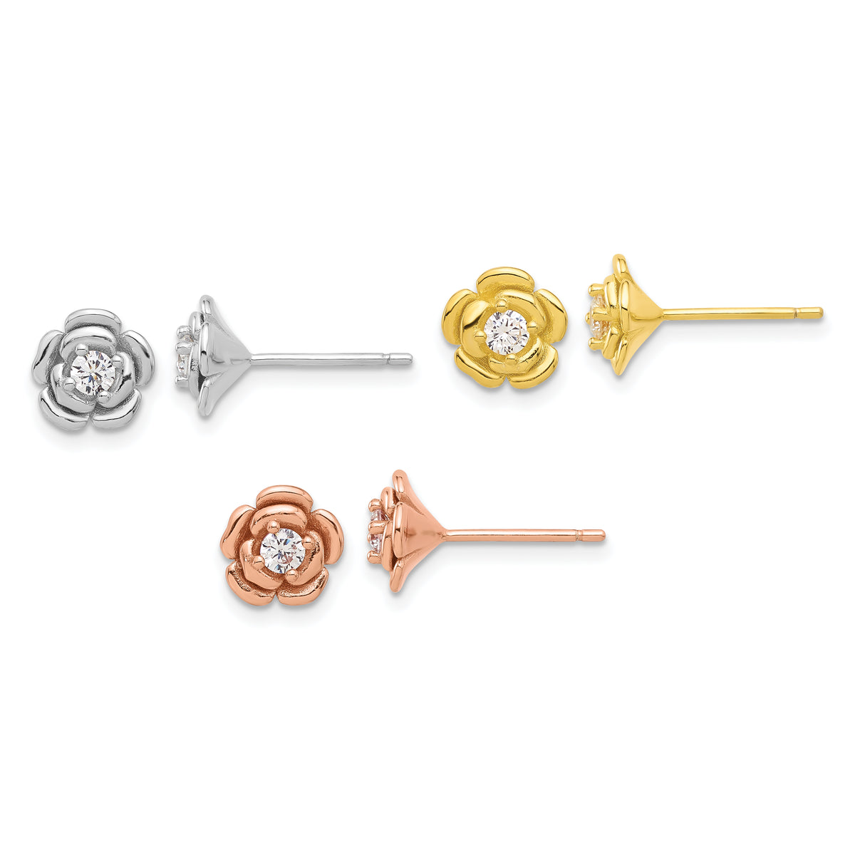Sterling Silver Rhod-plt/Gold/Rose-tone CZ Rose 3 Pair Earrings Set