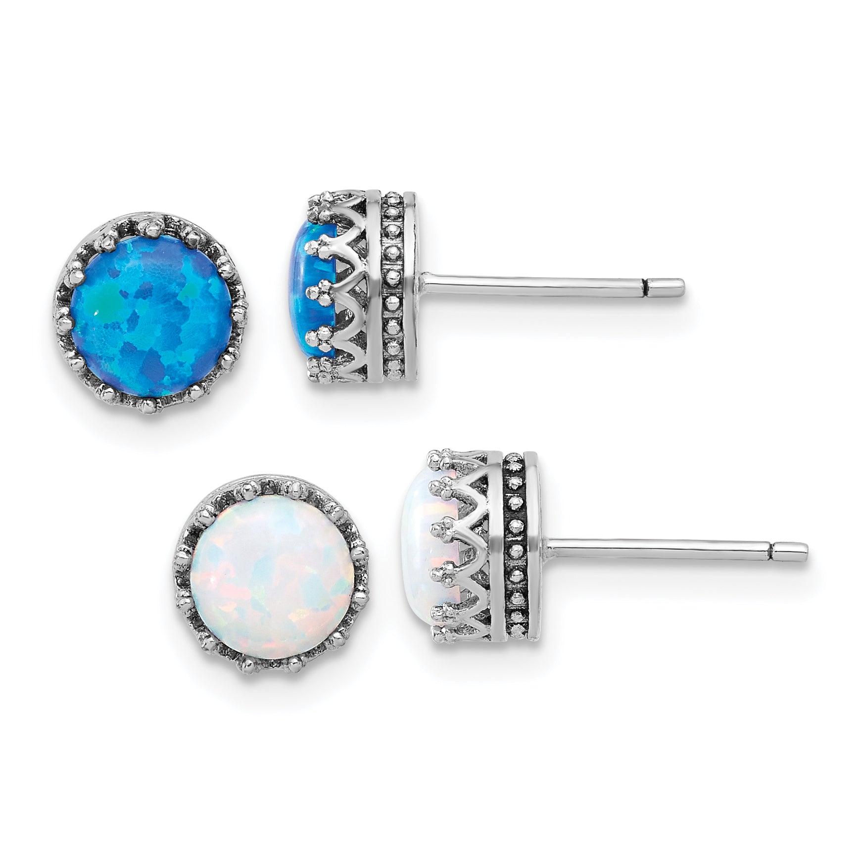 Sterling Silver Rh-plated 7mm Cr. Blue Opal / White Opal Post Earring Set Main image