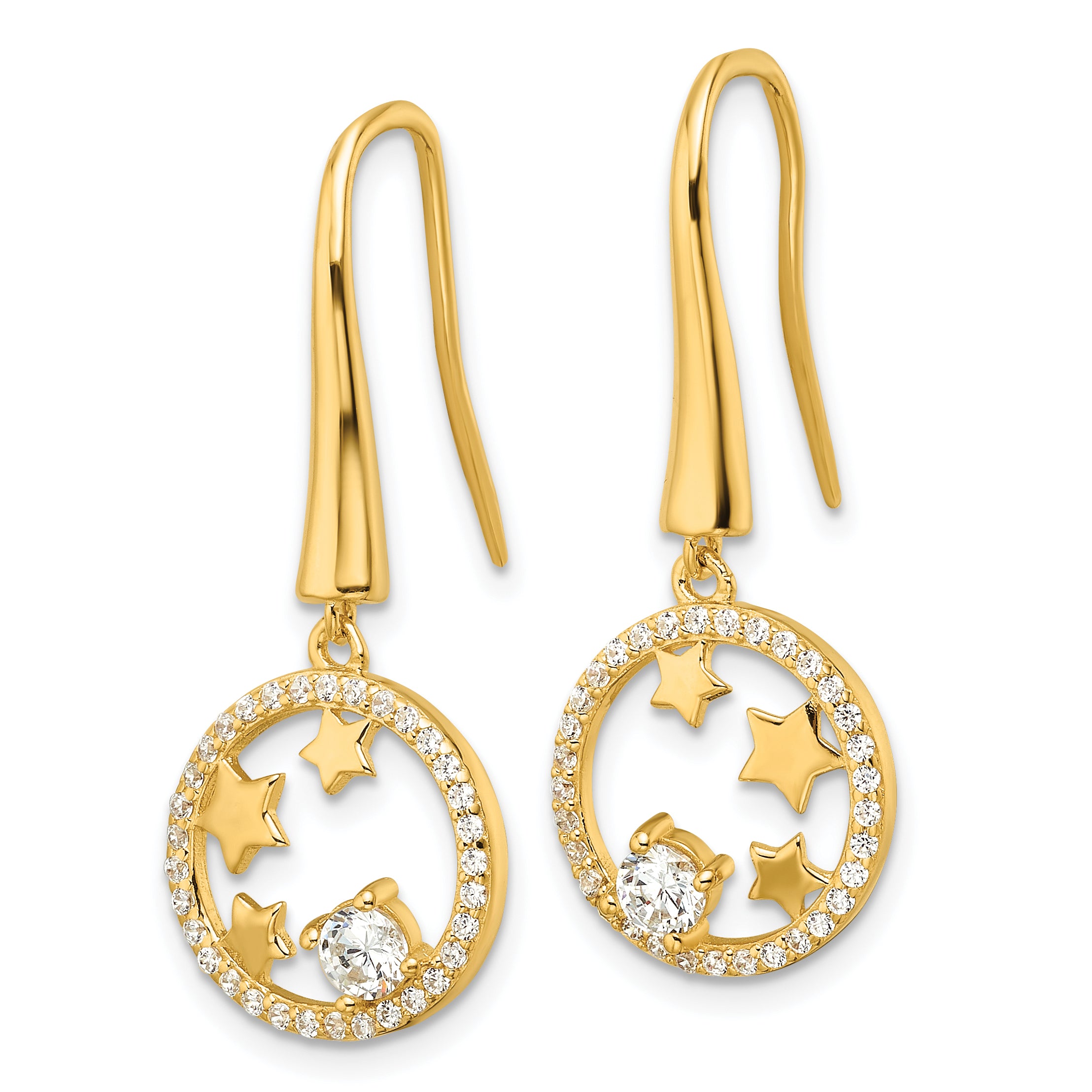 Sterling Silver Gold-plated CZ Stars Circle Shepherd Hook Earrings Secondary image