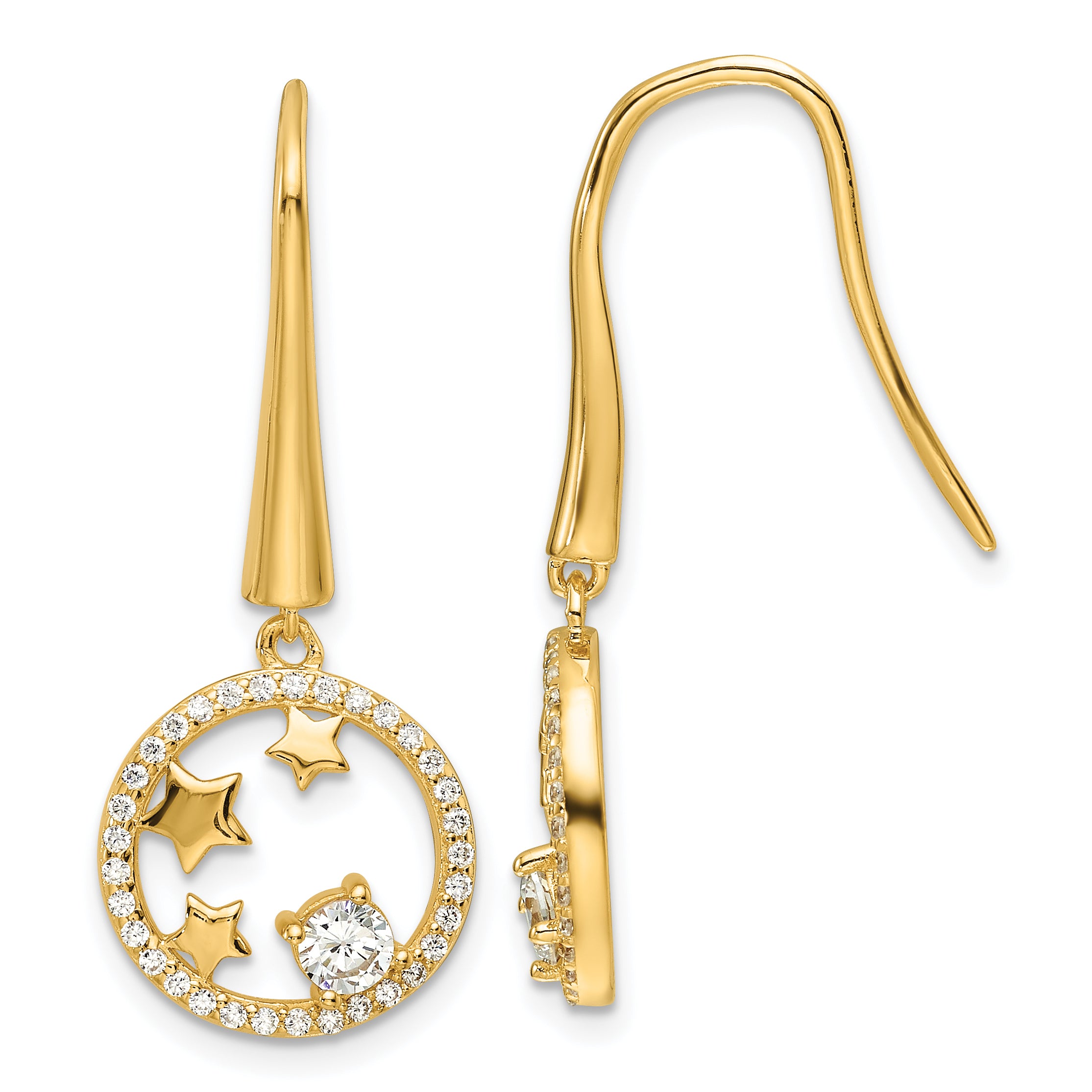 Sterling Silver Gold-plated CZ Stars Circle Shepherd Hook Earrings Main image