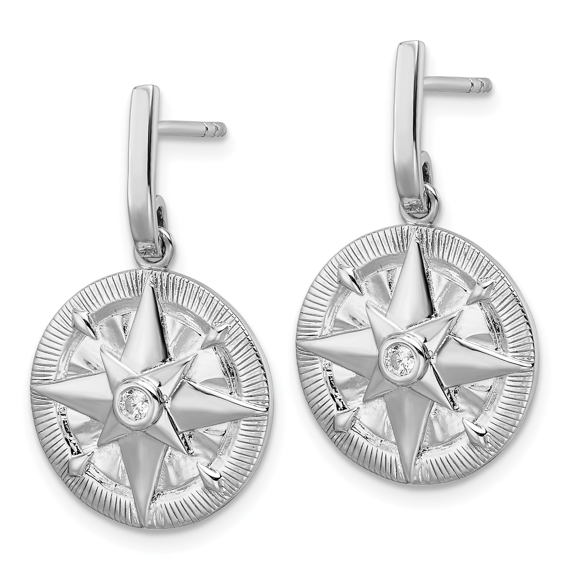 Sterling Silver Rhodium-plated Polished CZ Compass Dangle Post Earrings Secondary image