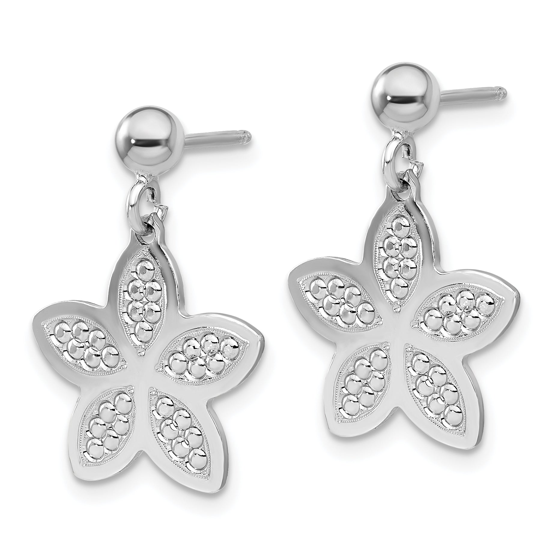 Sterling Silver Rhodium Plated Polished Beaded Flower Earrings Secondary image