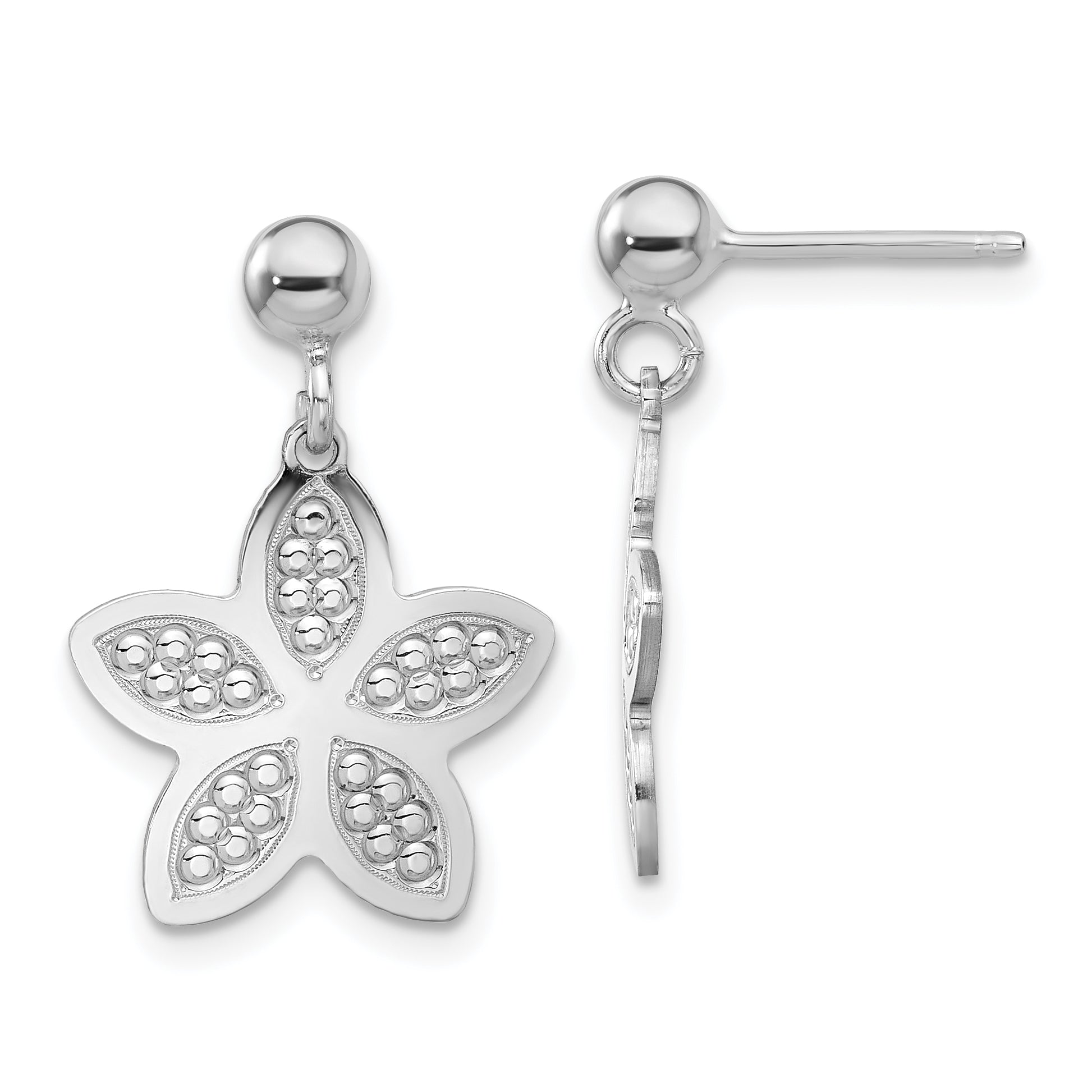 Sterling Silver Rhodium Plated Polished Beaded Flower Earrings Main image