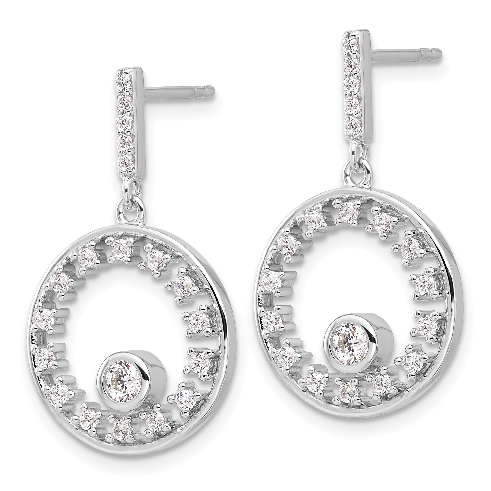 Pure Fire Sterling Silver Rhodium-plated Fancy Circle CZ Dangle Post Earrin