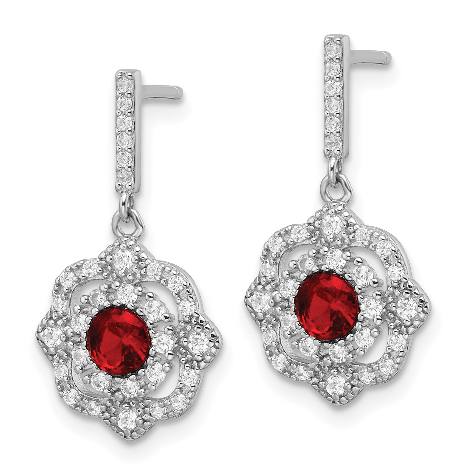 Sterling Silver RH-pltd Red Glass and Clear CZ Vintage Dangle Post Earring Secondary image