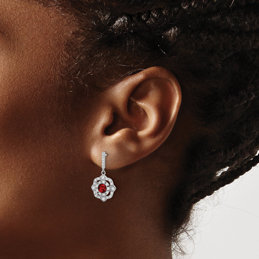 Sterling Silver RH-pltd Red Glass and Clear CZ Vintage Dangle Post Earring