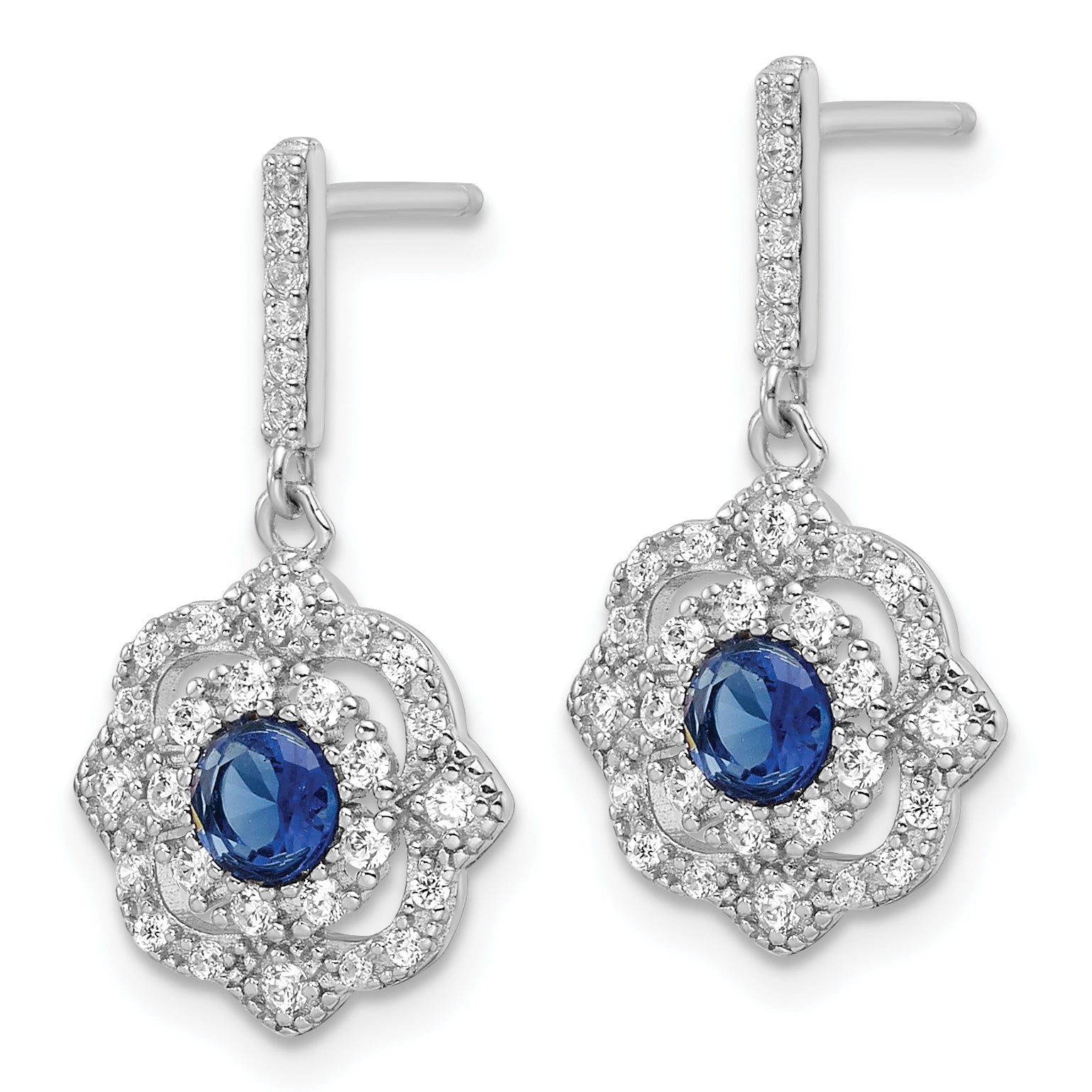 Sterling Silver RH-pltd Blue Glass and Clear CZ Vintage Dangle Post Earring Secondary image