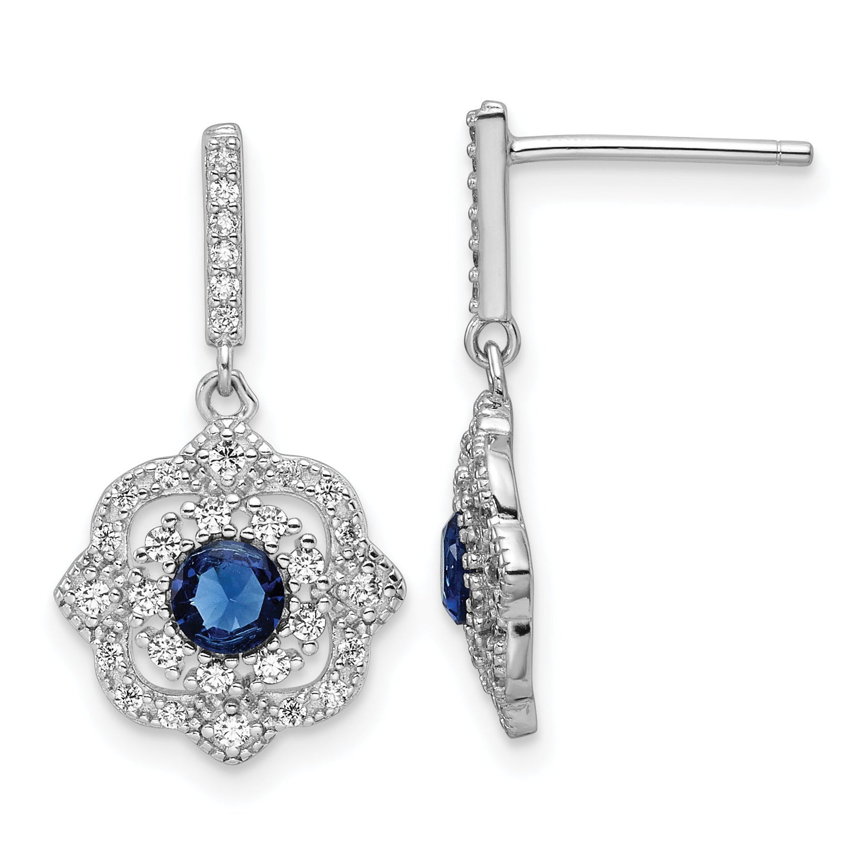 Sterling Silver RH-pltd Blue Glass and Clear CZ Vintage Dangle Post Earring Main image