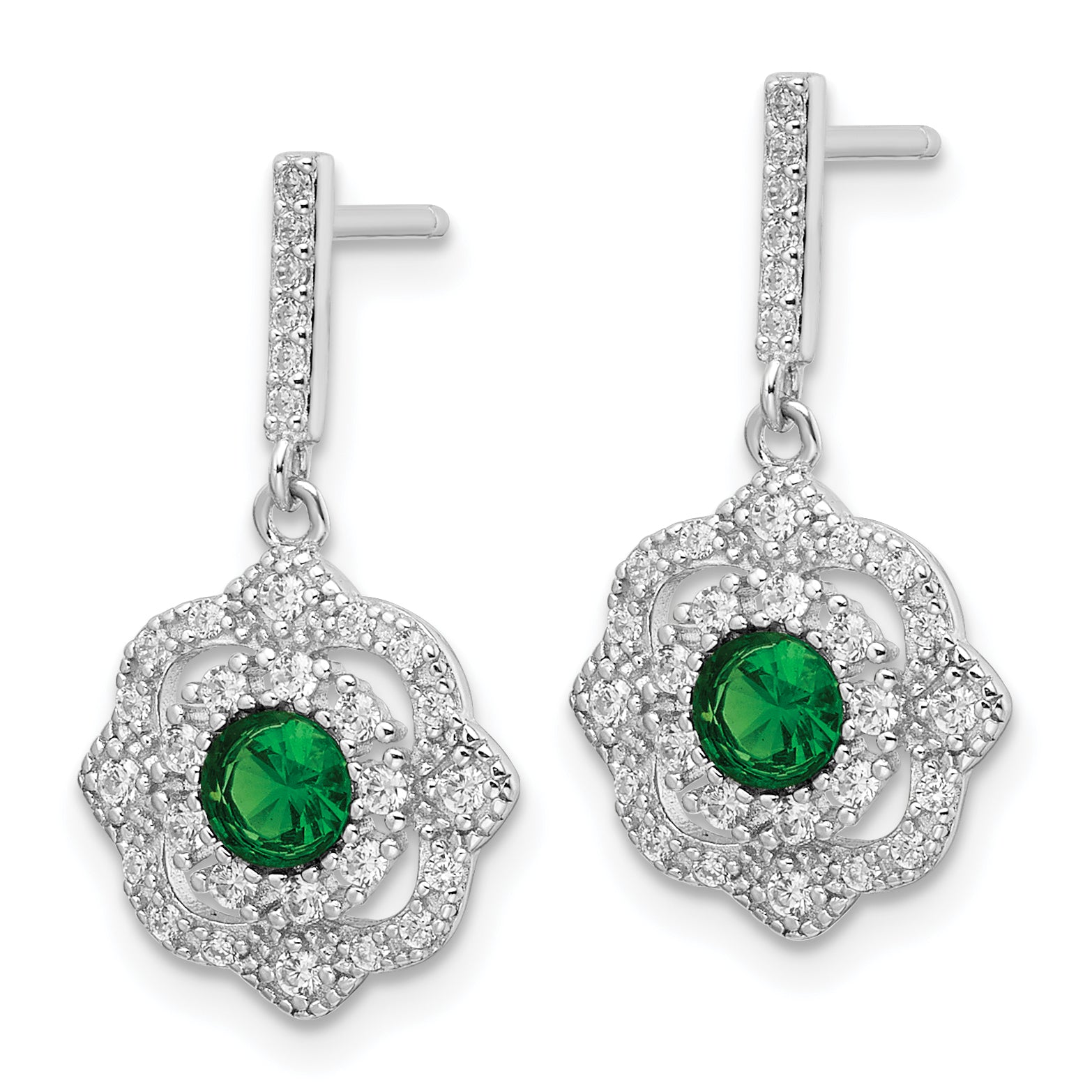 Sterling Silver RH-pltd Green Glass and Clear CZ Vintage Dangle Post Earrin Secondary image