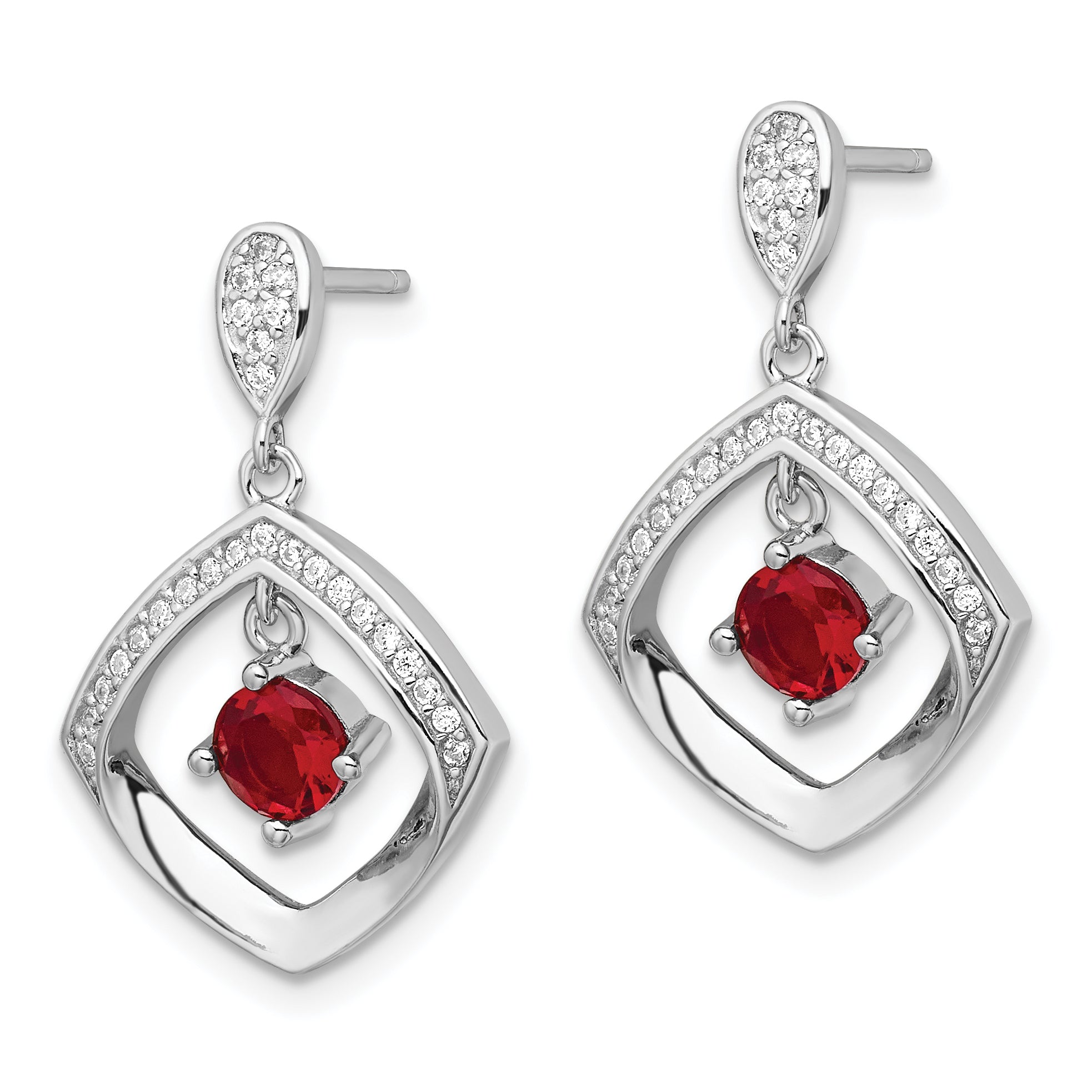 Sterling Silver RH-plated Red Glass and Clear CZ Fancy Square Post Earrings Secondary image