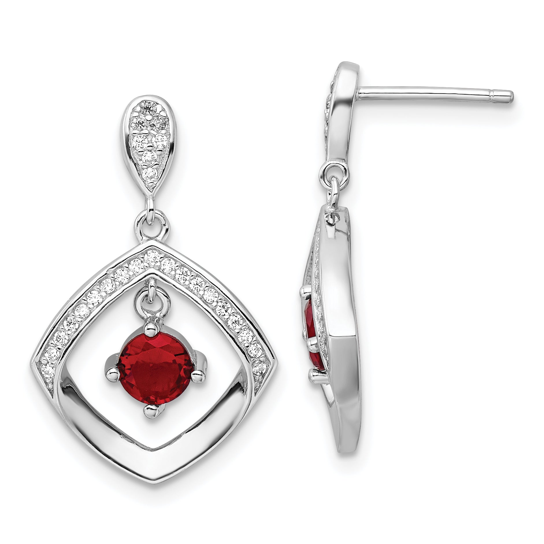 Sterling Silver RH-plated Red Glass and Clear CZ Fancy Square Post Earrings