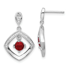 Sterling Silver RH-plated Red Glass and Clear CZ Fancy Square Post Earrings